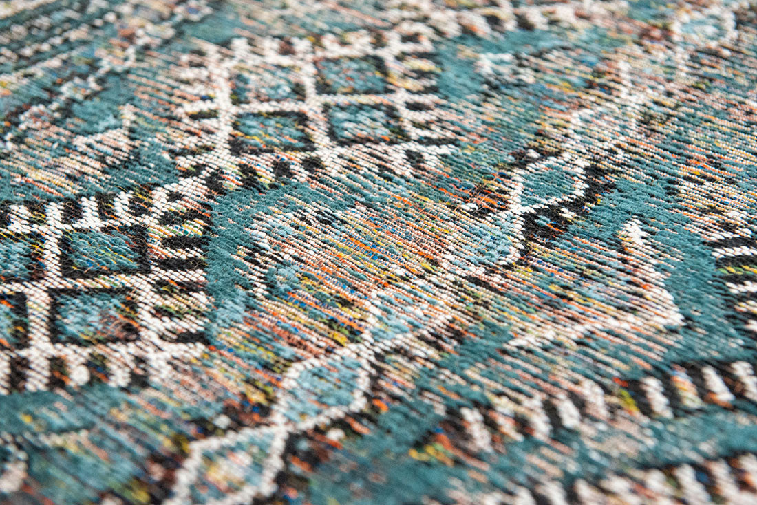 blue rug with a moroccan geometric pattern