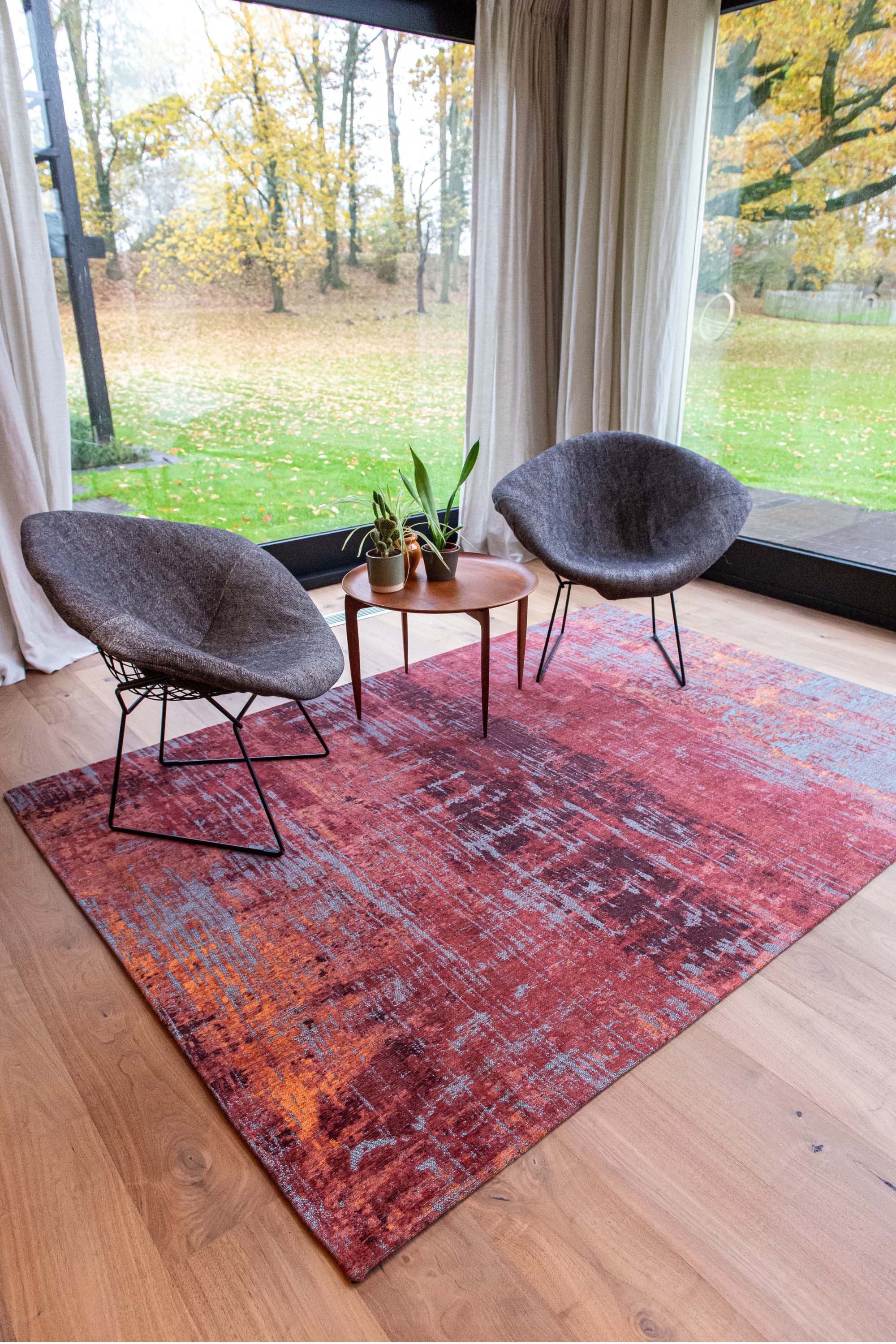red, orange and blue abstract rug