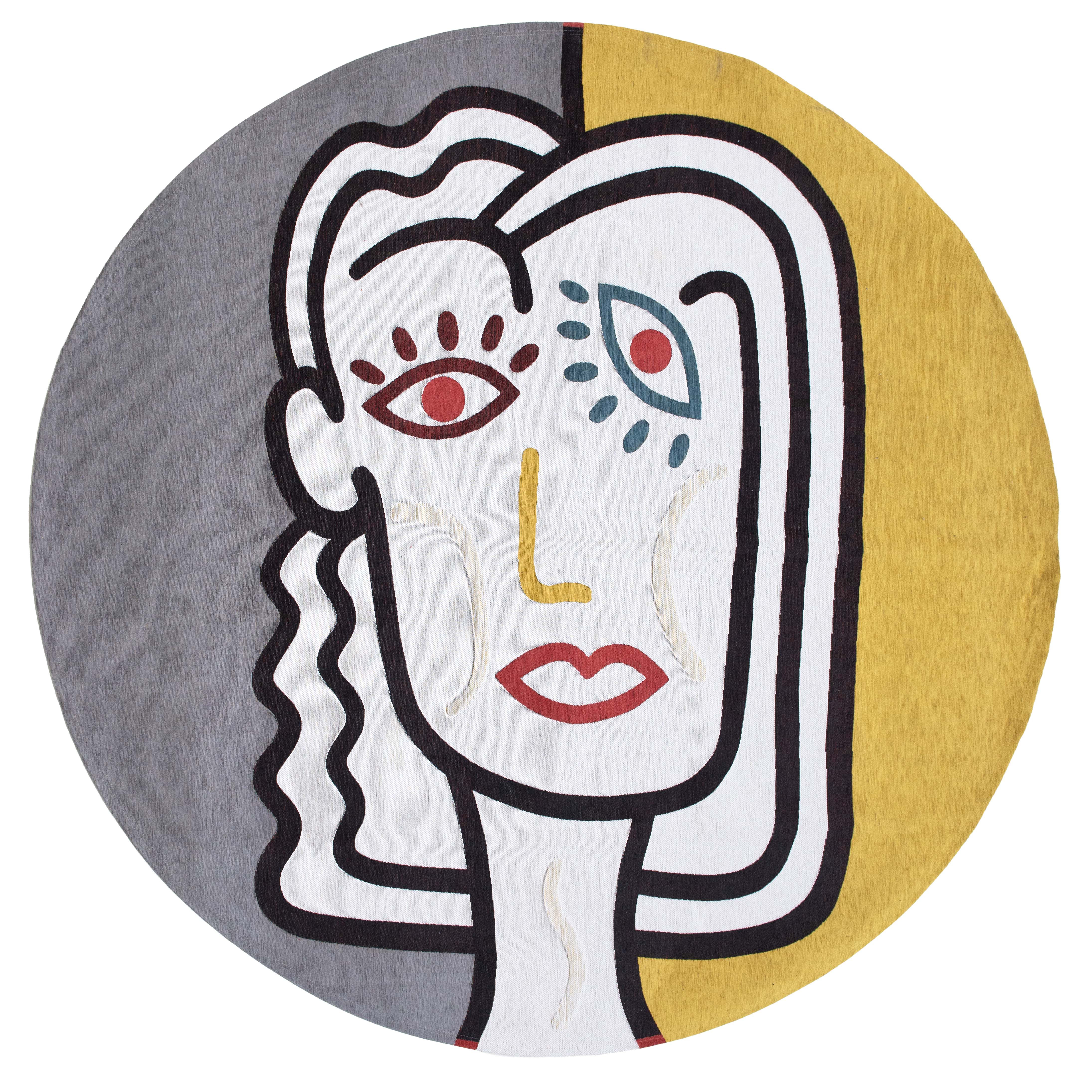 Yellow, blue and red circle rug with an abstract face