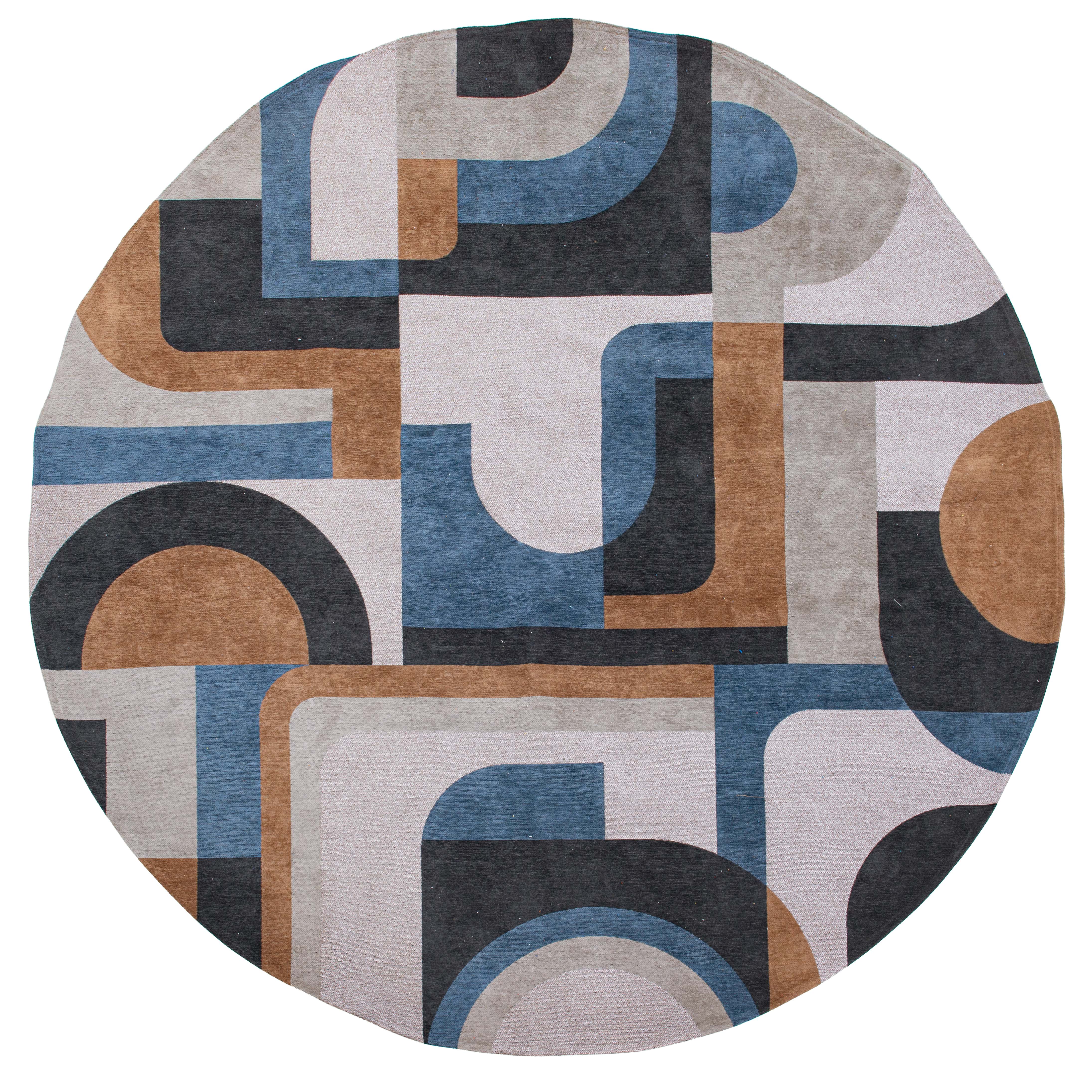 Circle flatweave area rug with retro pattern in blue, navy and tan