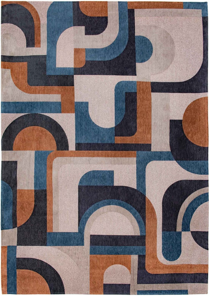 flatweave area rug with retro pattern in blue, navy and tan
