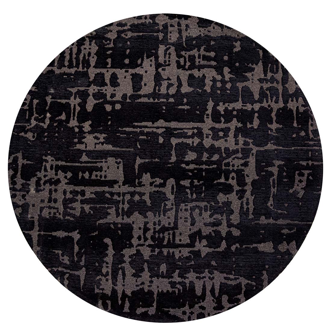 black flatweave circle rug with subtle, organic pattern