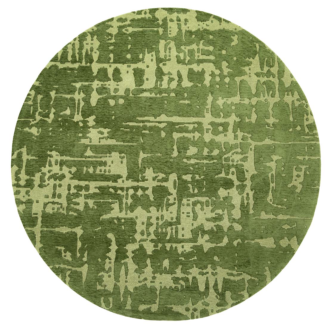 green flatweave circle rug with subtle, organic pattern