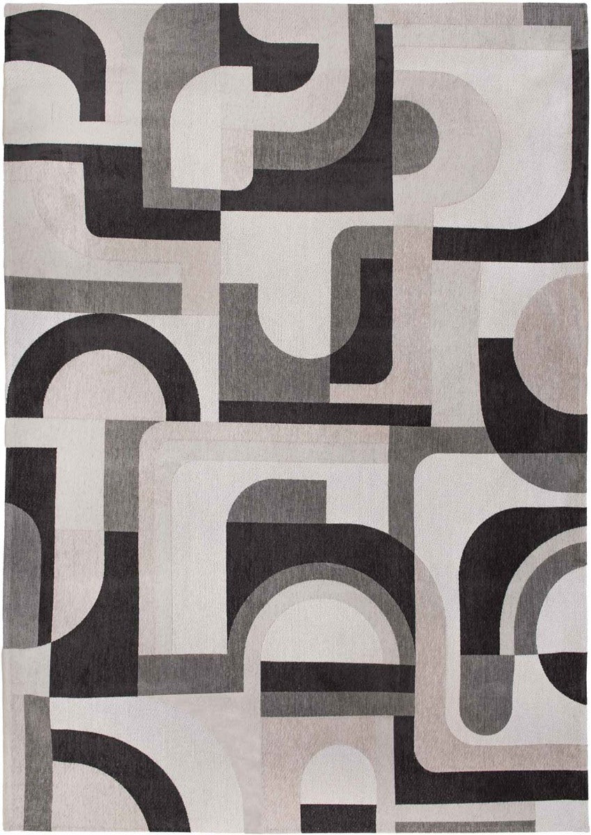 flatweave area rug with retro pattern in beige and grey
