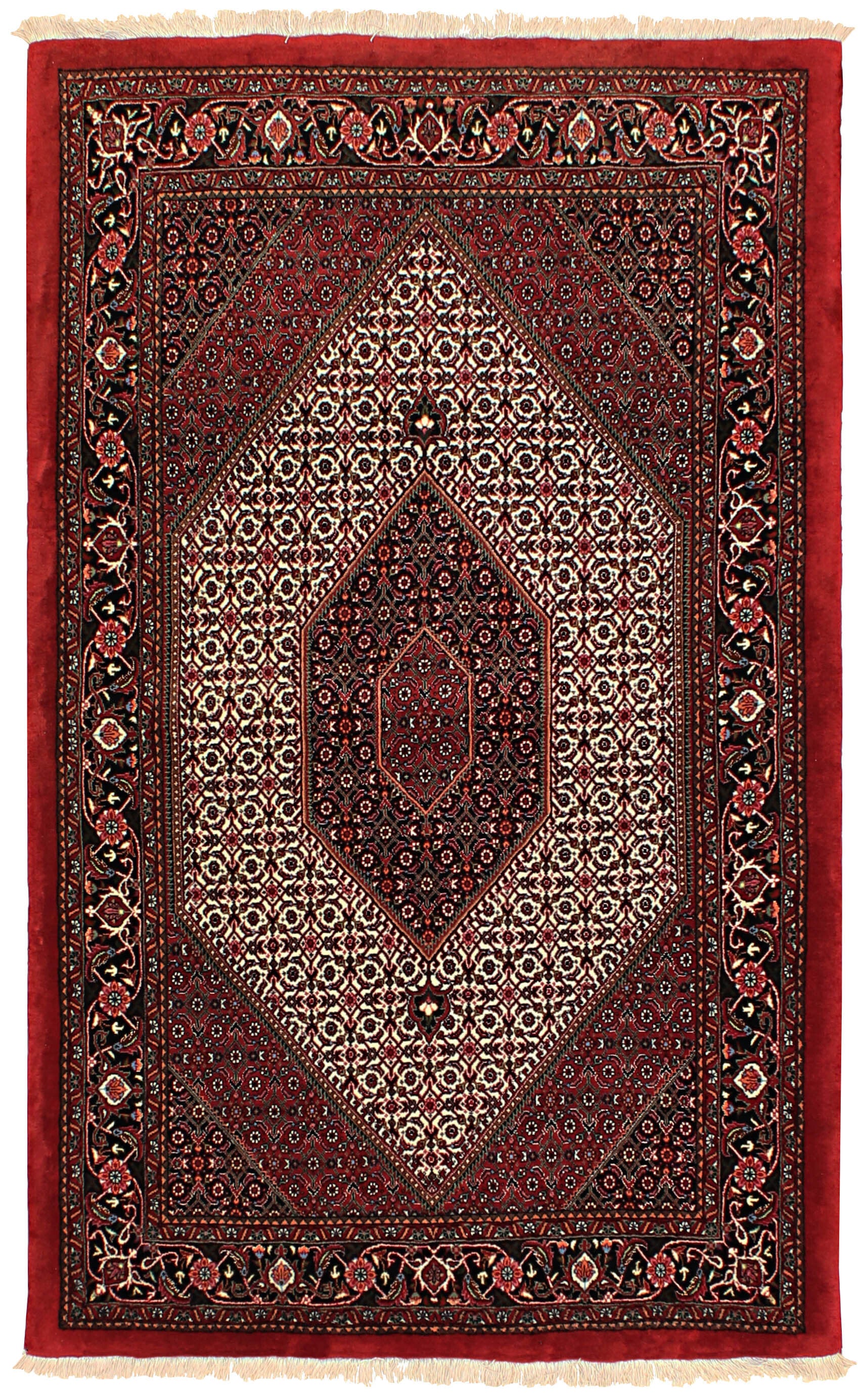 Red and cream persian rug with traditional floral design
