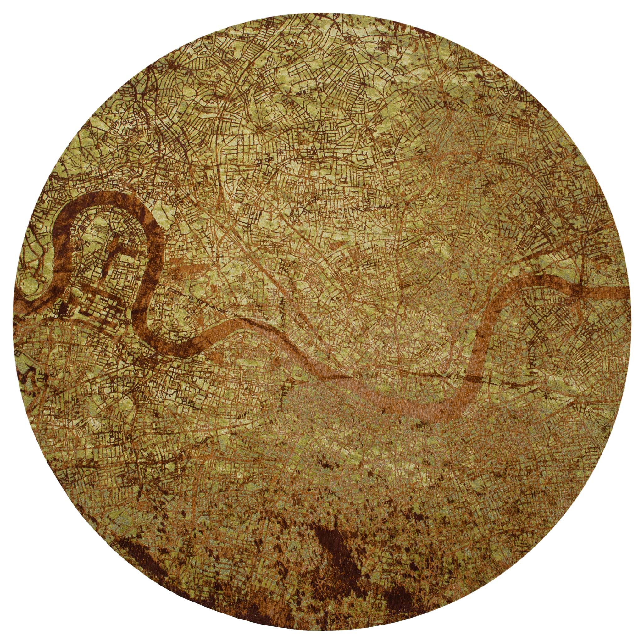 Green abstract circle rug with a pattern inspired by the map of London