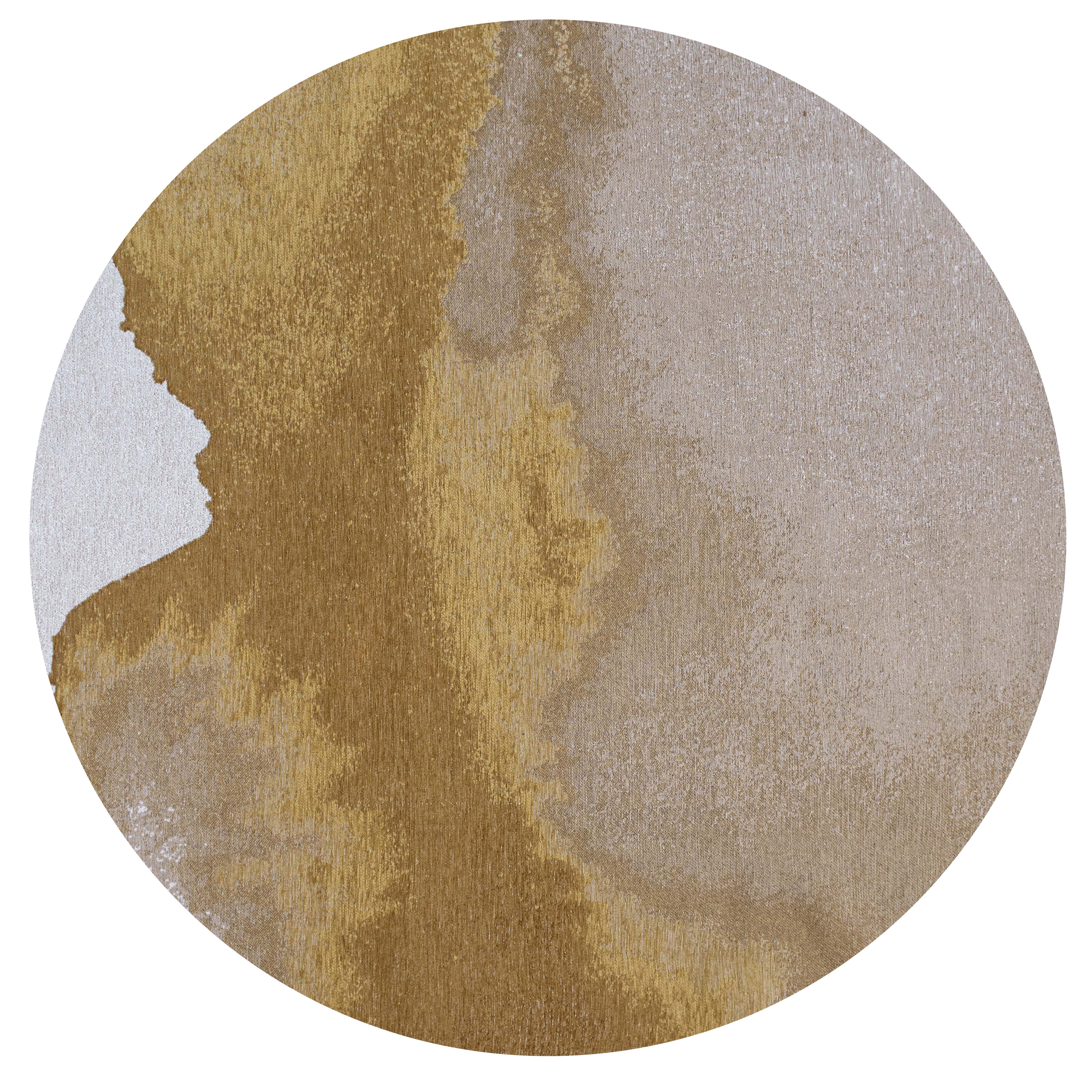 Modern circle rug with gold abstract shoreline pattern