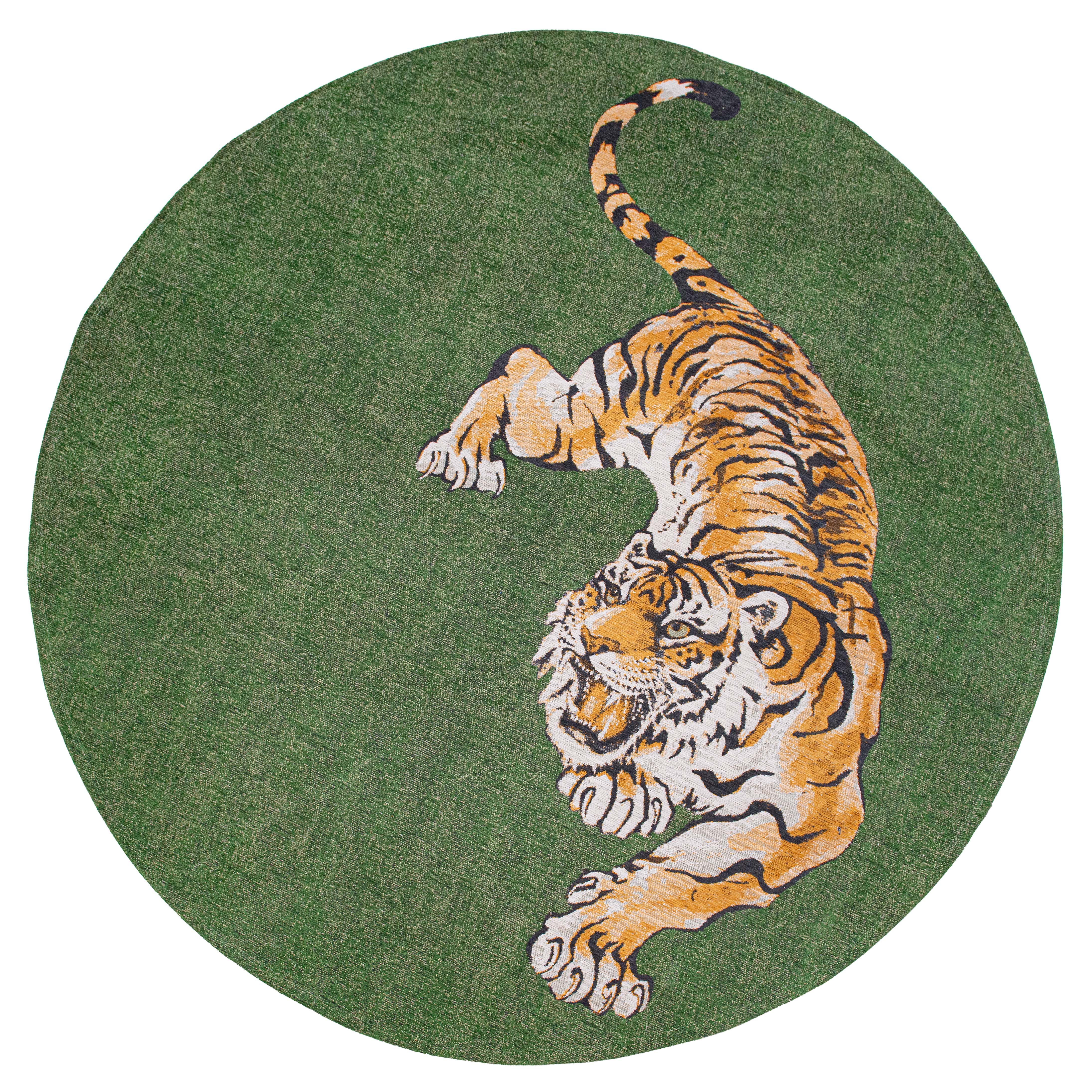Modern green circle rug with detailed tiger print