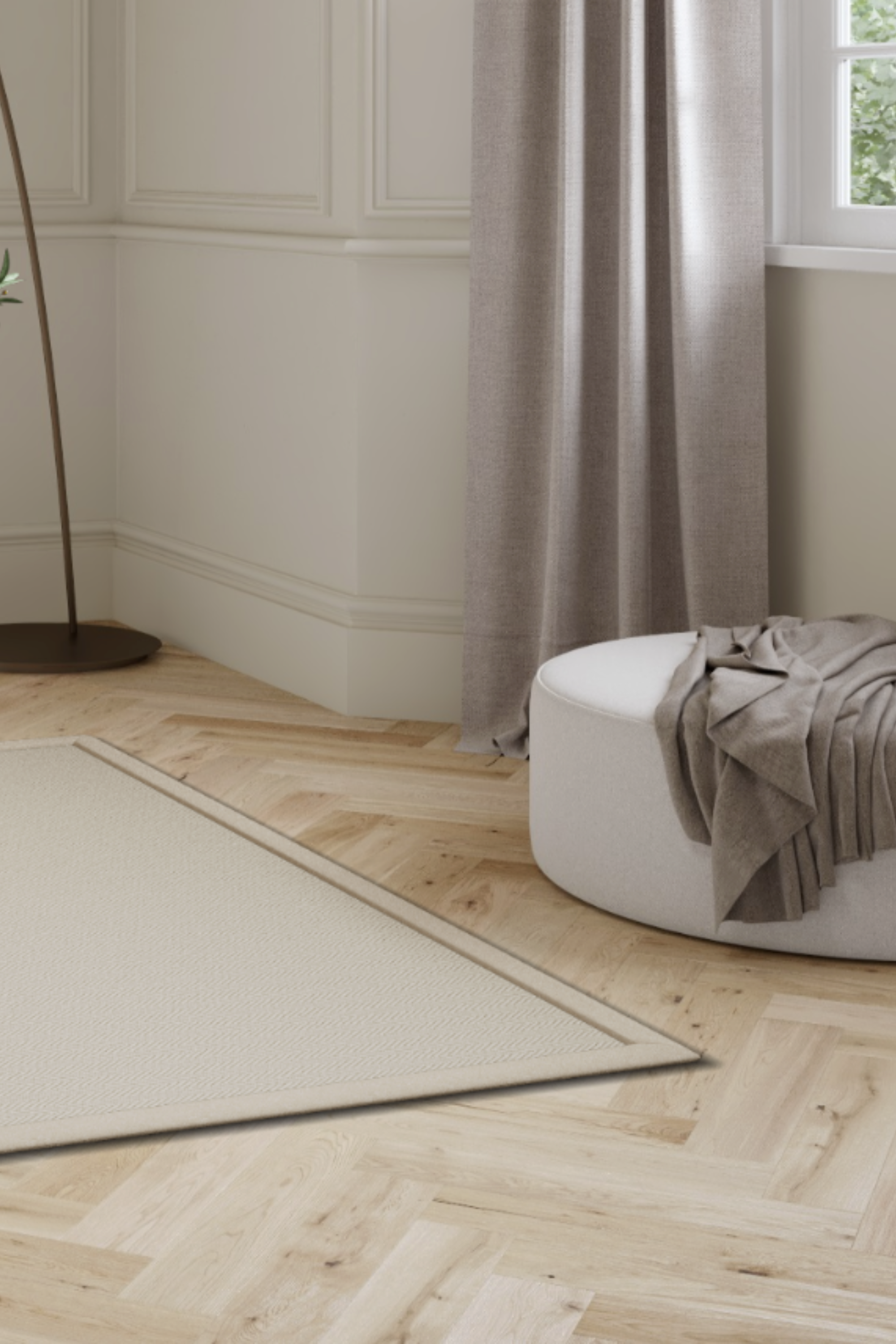 Custom Alpine Birch Wool Rug with Antique Leather Border in Pearl