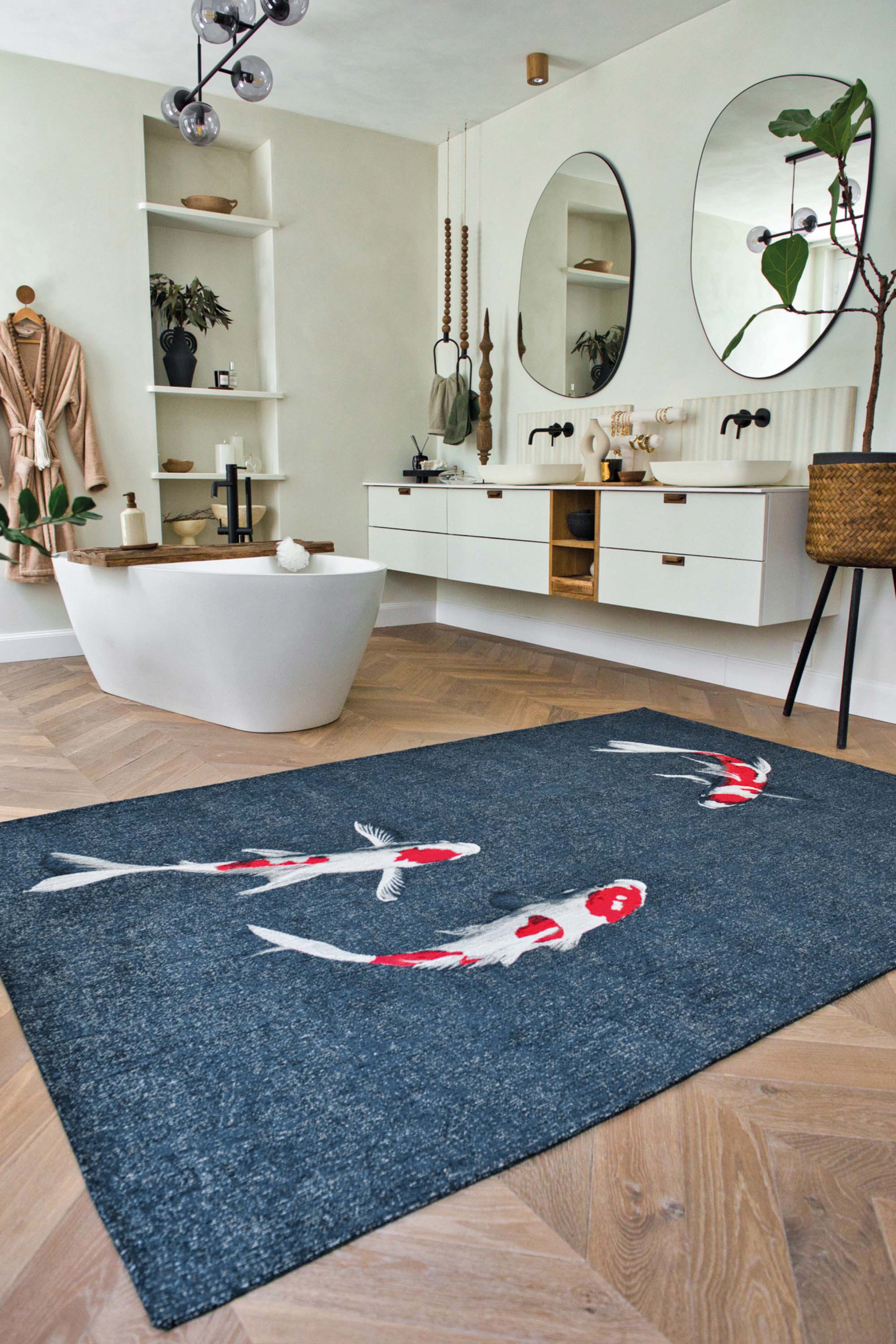 Modern navy rug with detailed koi fish print