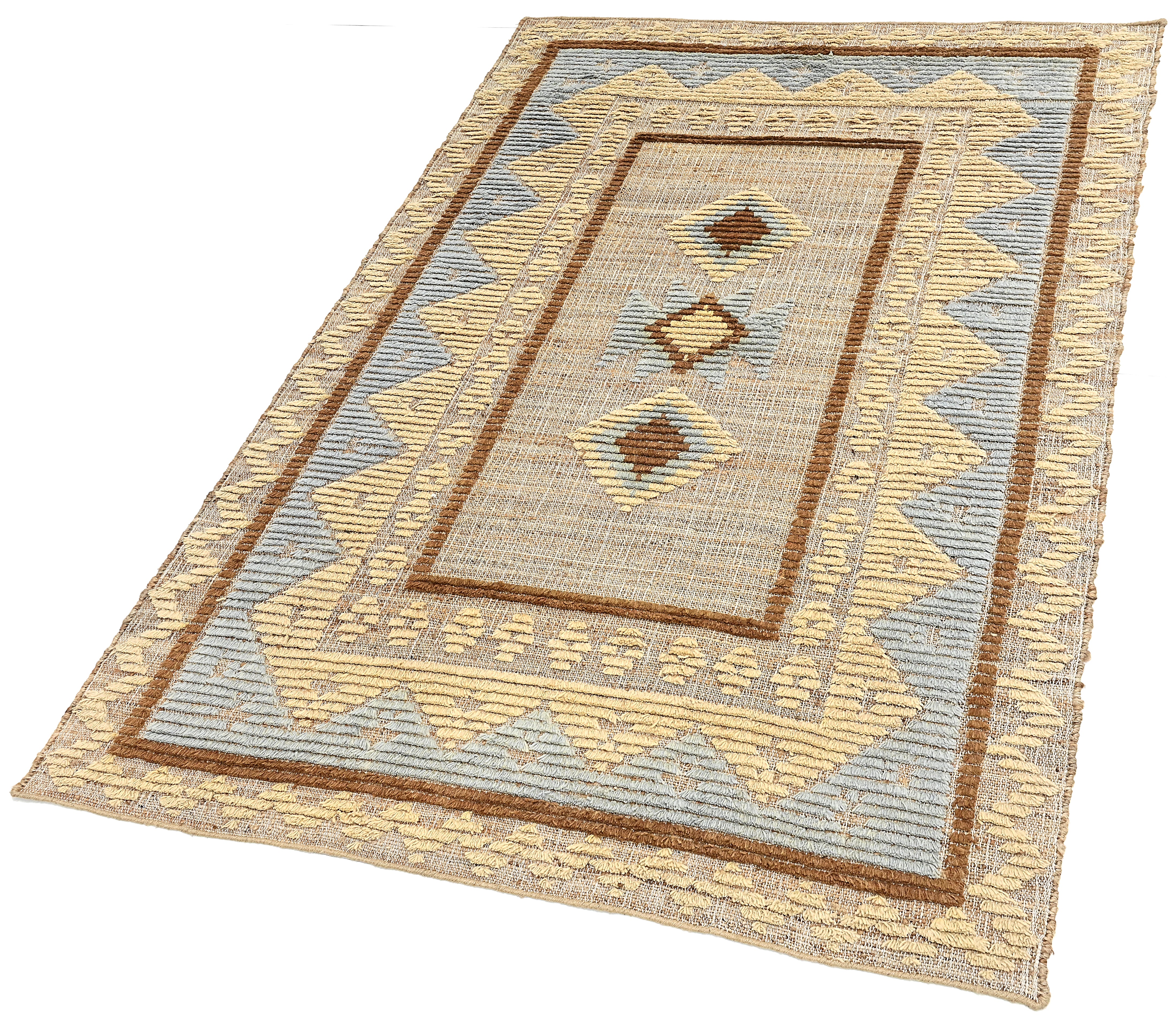 Blue and yellow jute rug with geometric pattern