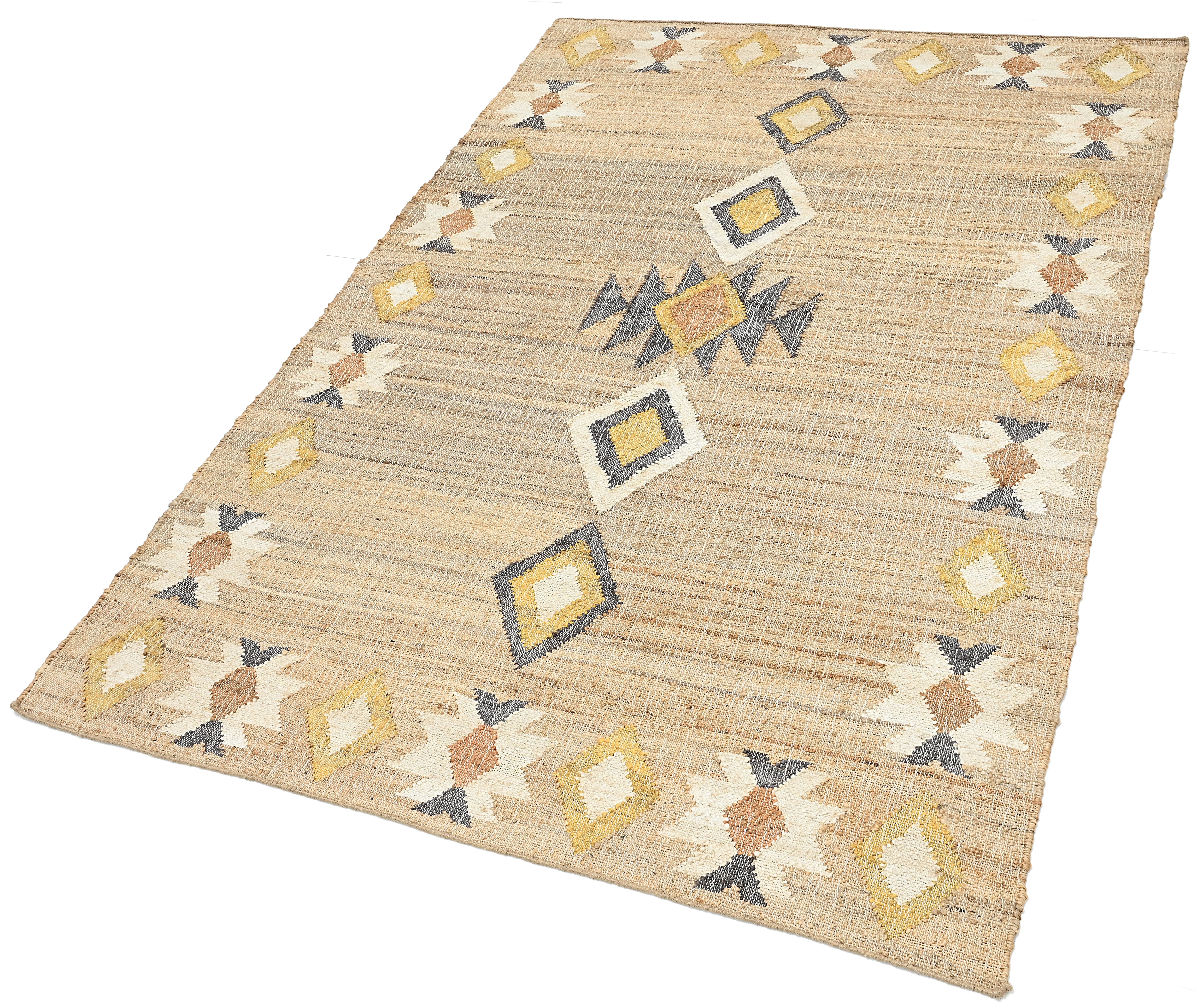 Jute rug with yellow, grey and terracotta geometric pattern