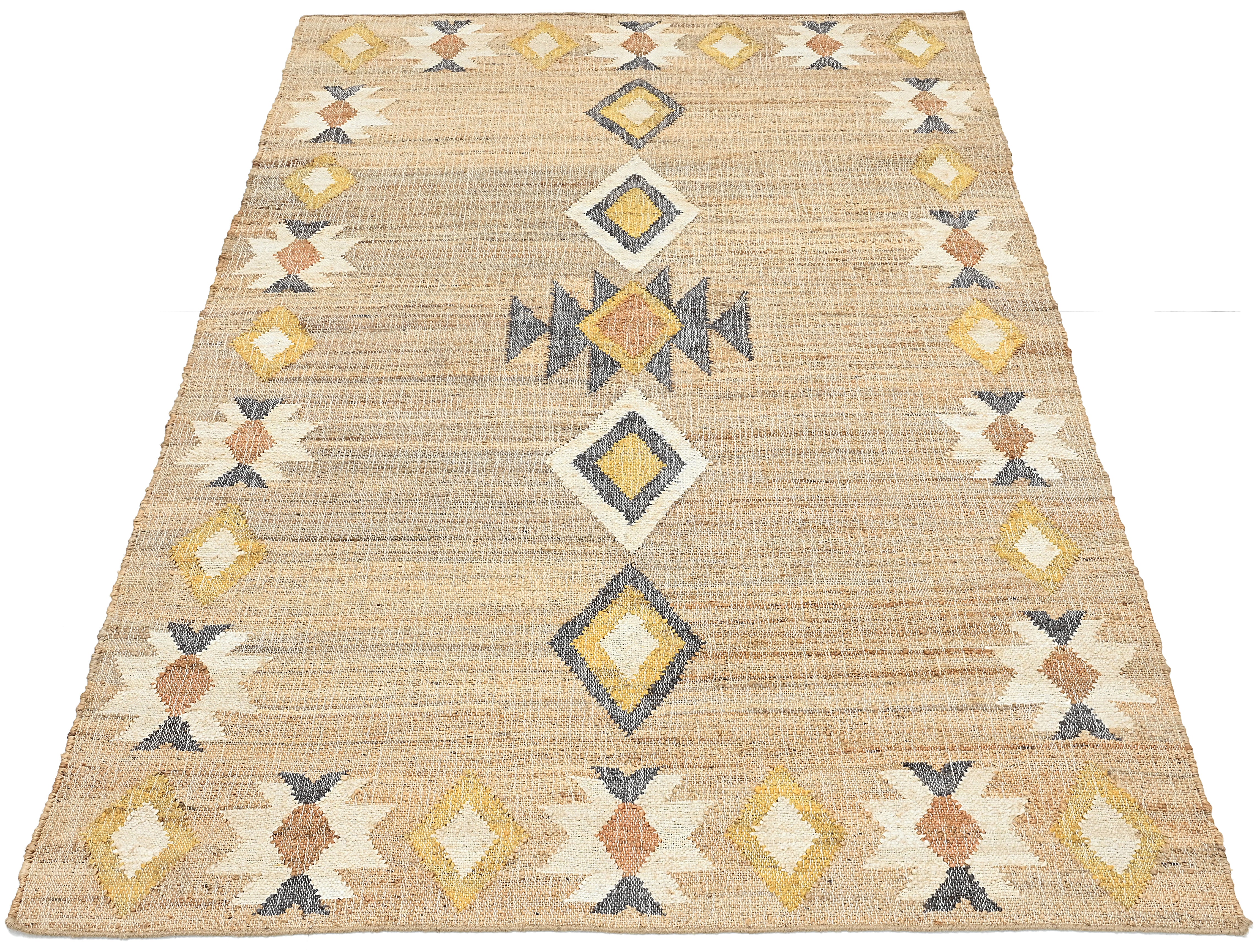 Jute rug with yellow, grey and terracotta geometric pattern