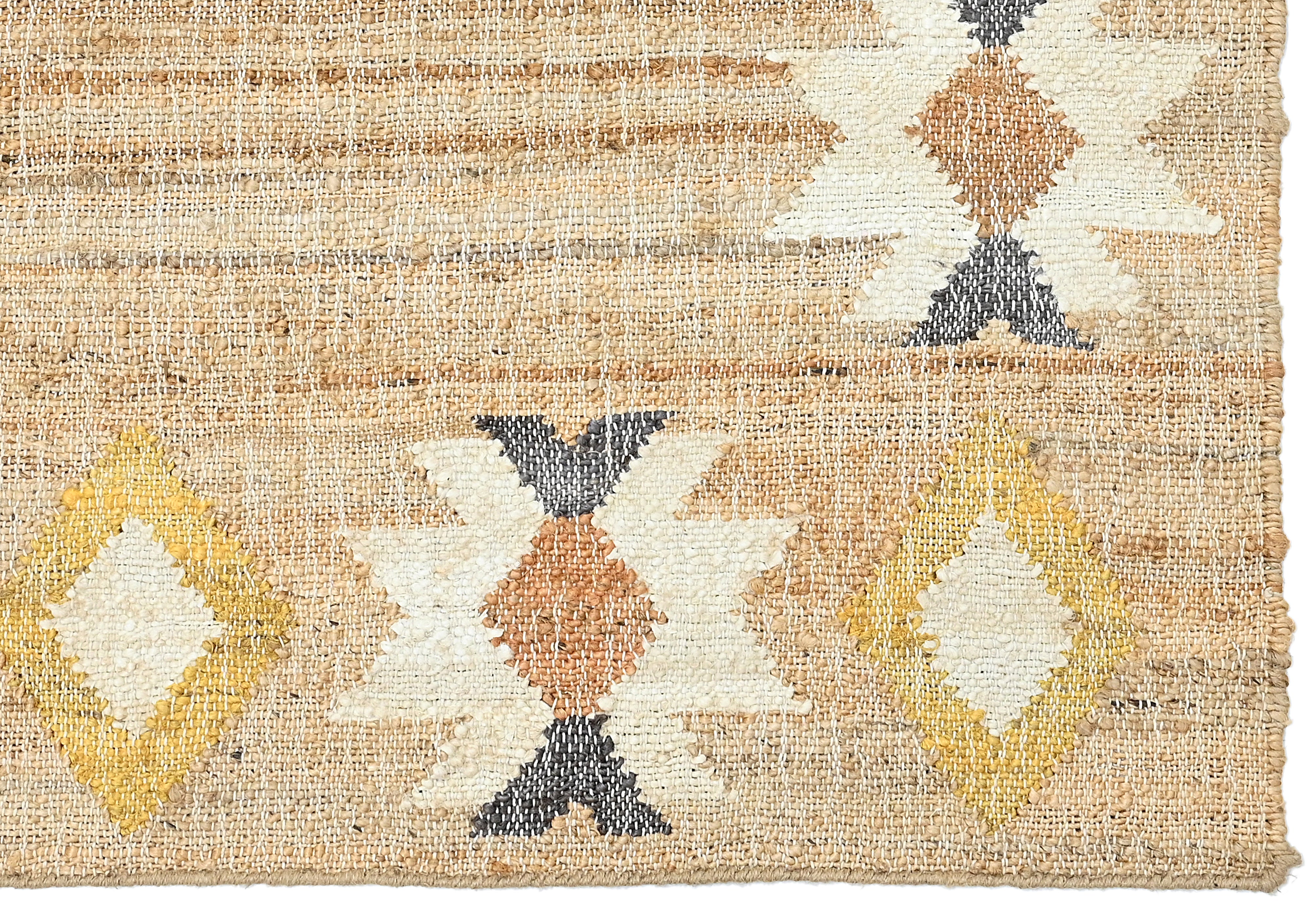 Jute rug with yellow, grey and terracotta geometric pattern