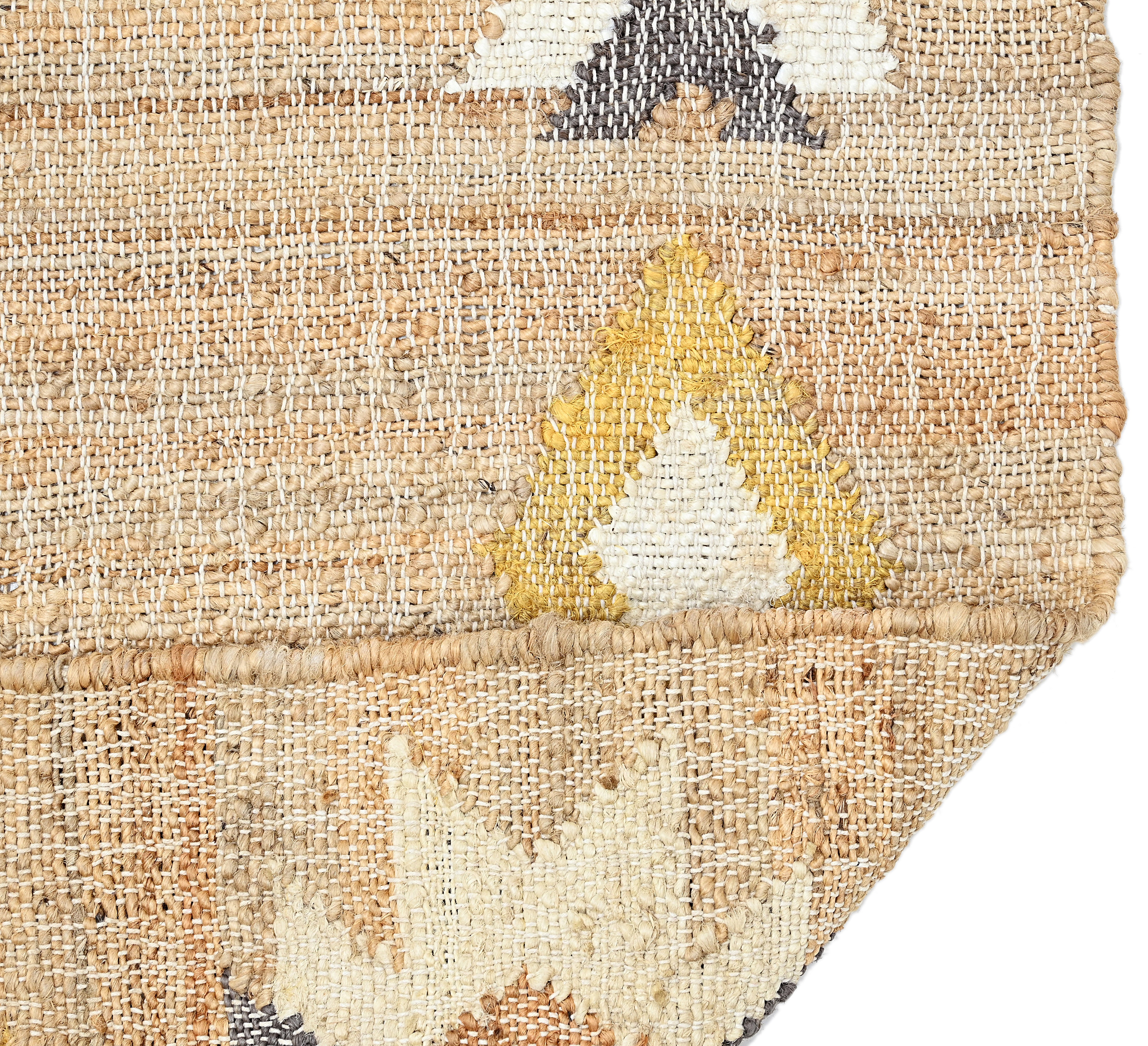 Jute rug with yellow, grey and terracotta geometric pattern