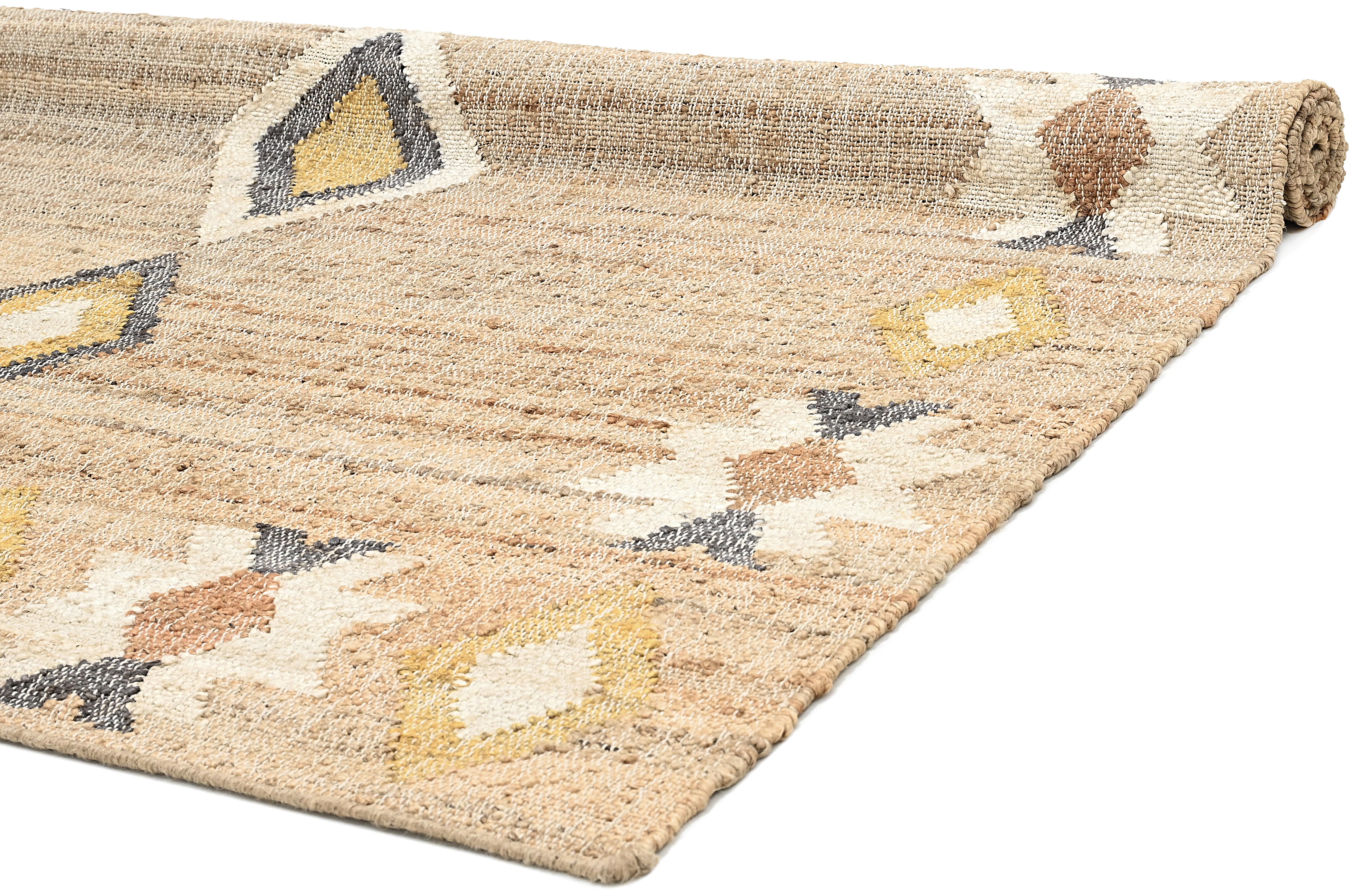 Jute rug with yellow, grey and terracotta geometric pattern