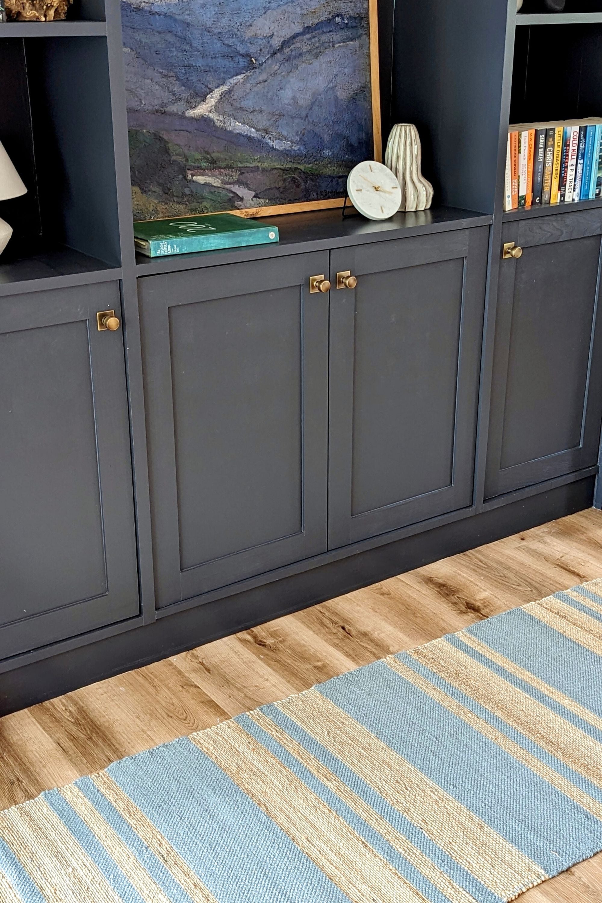 jute runner rug with duck egg blue stripes