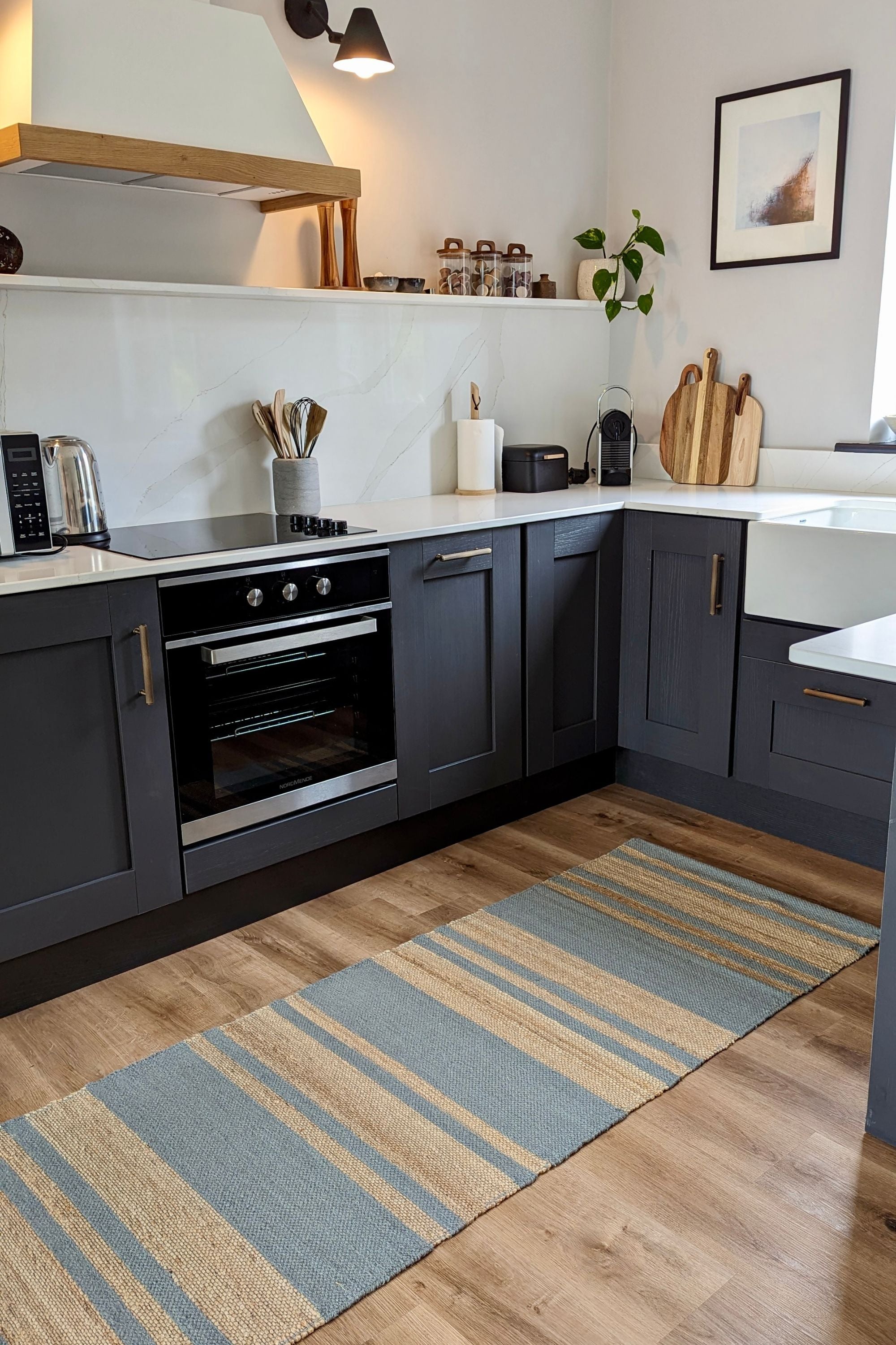 jute runner rug with duck egg blue stripes