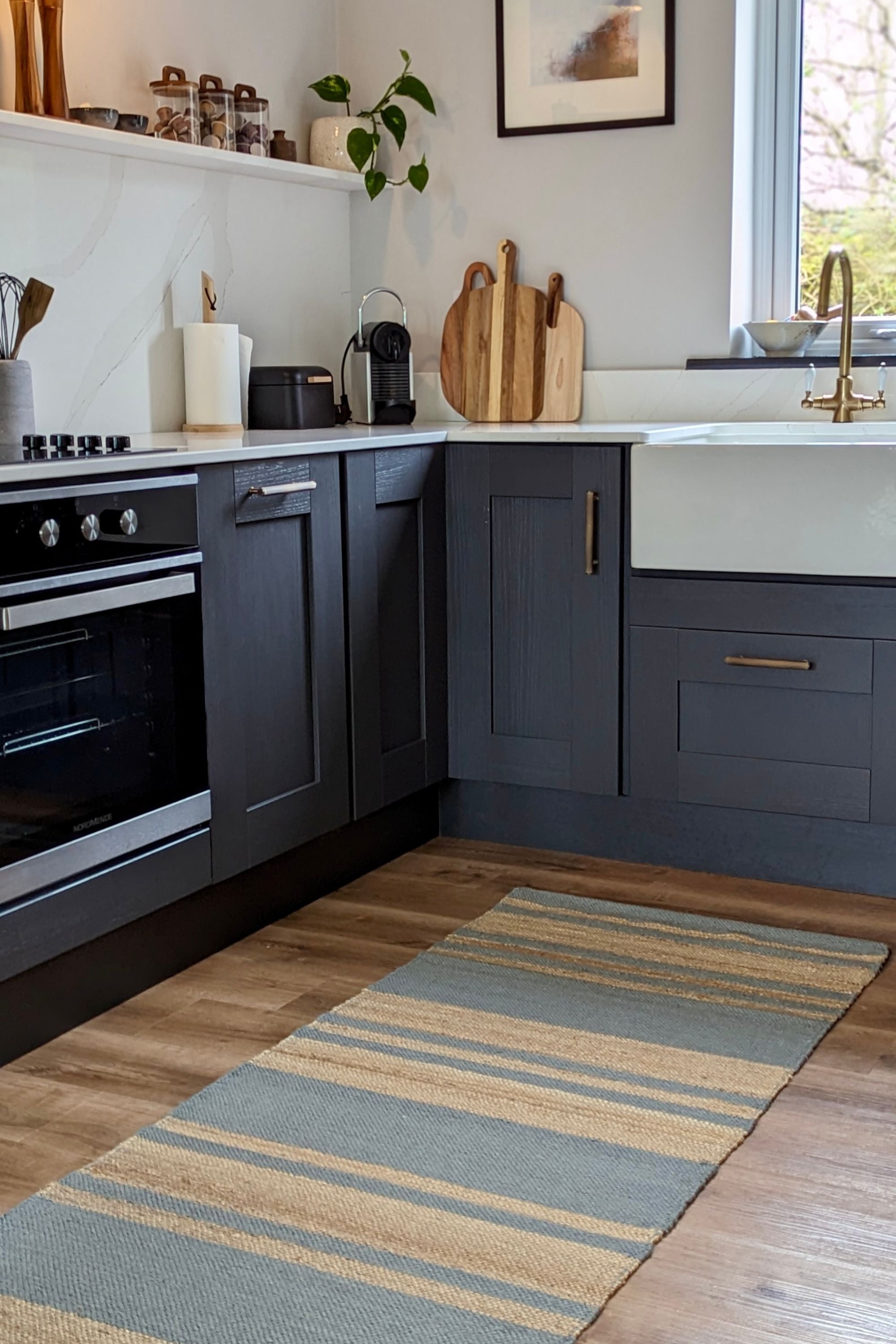 jute runner rug with duck egg blue stripes