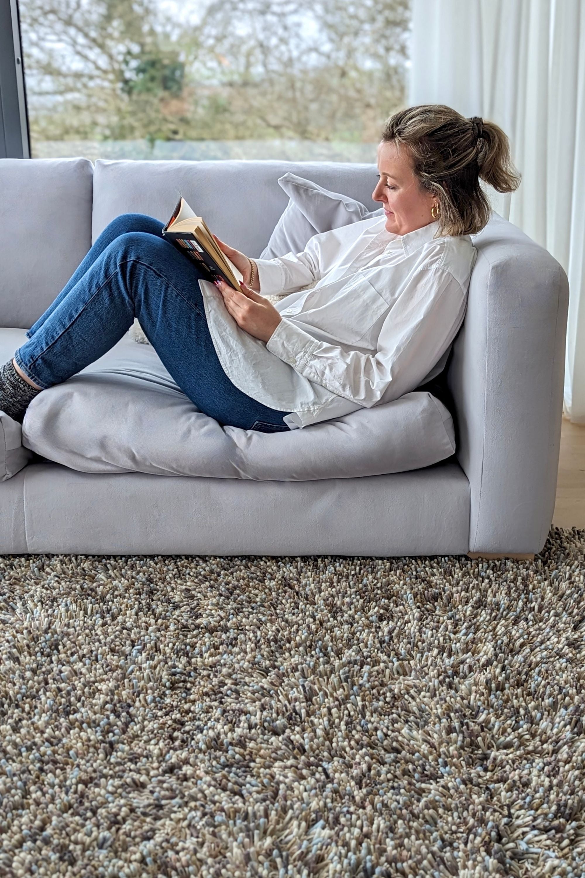 cream, grey and duck egg blue shagpile area rug