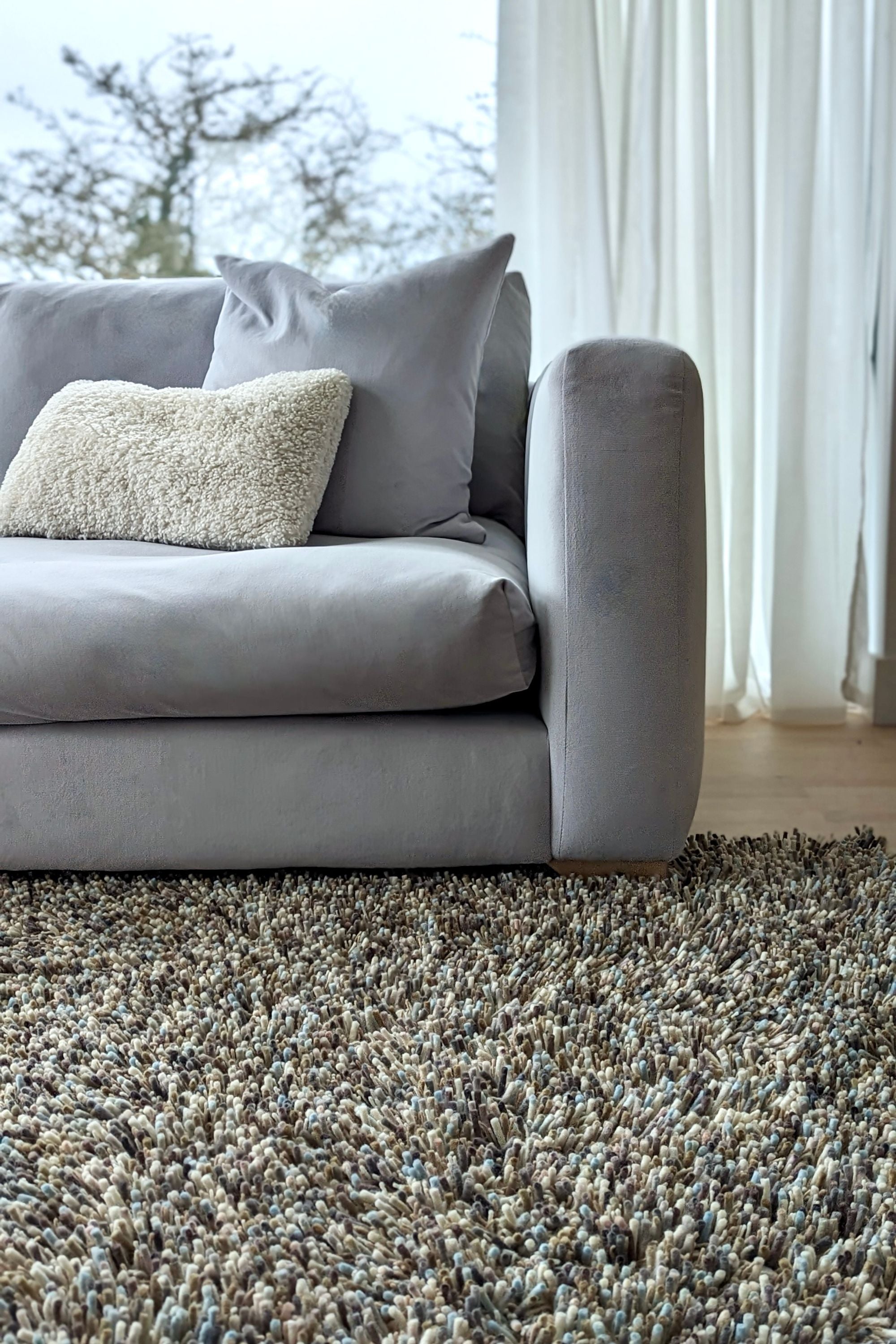 grey and duck egg blue shagpile area rug