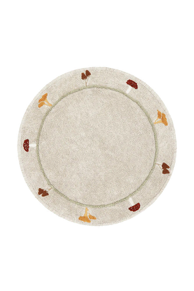 Round cream children's rug with mushroom border pattern