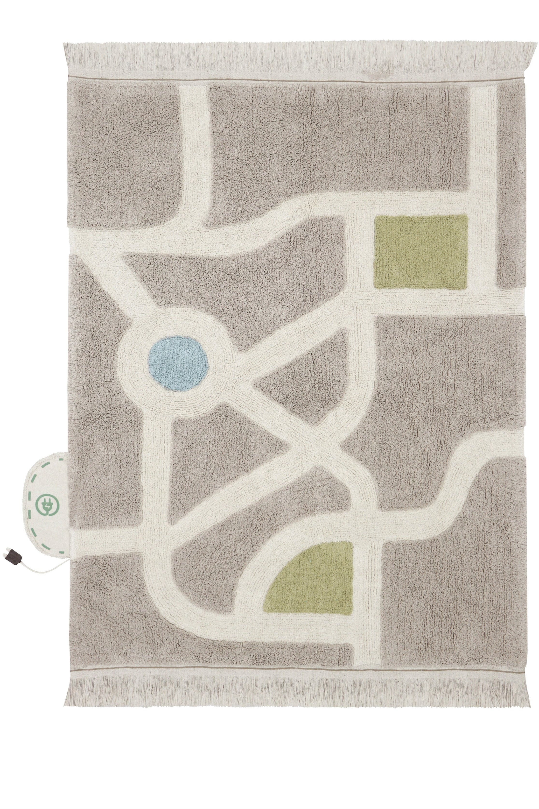 Grey, cream, blue, and green rug with city plan pattern and added city toys