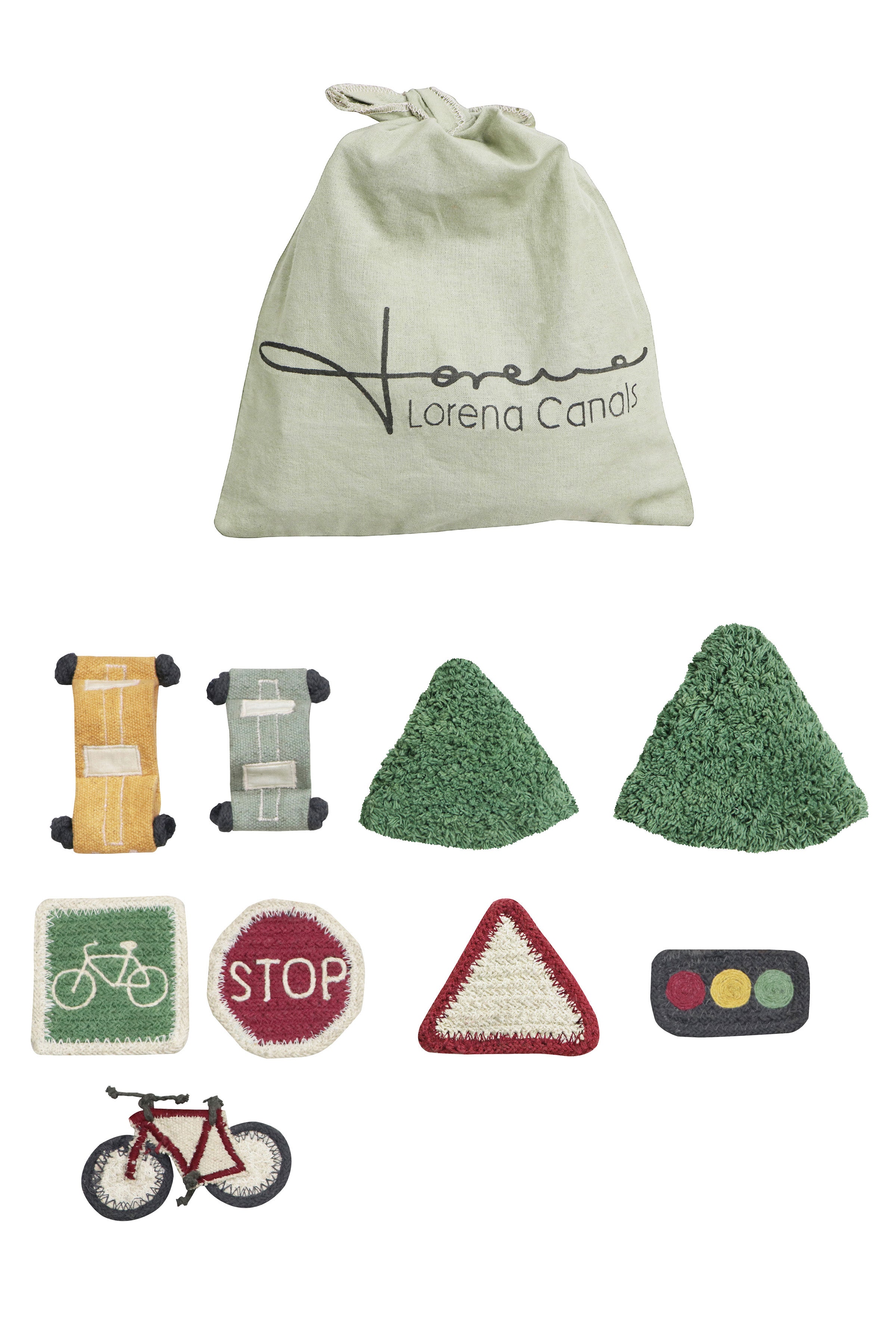 Grey, cream, blue, and green rug with city plan pattern and added city toys
