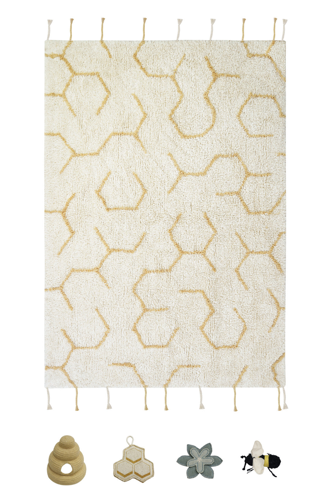 Cream rug with minimal yellow honeycomb pattern and honeybee toys