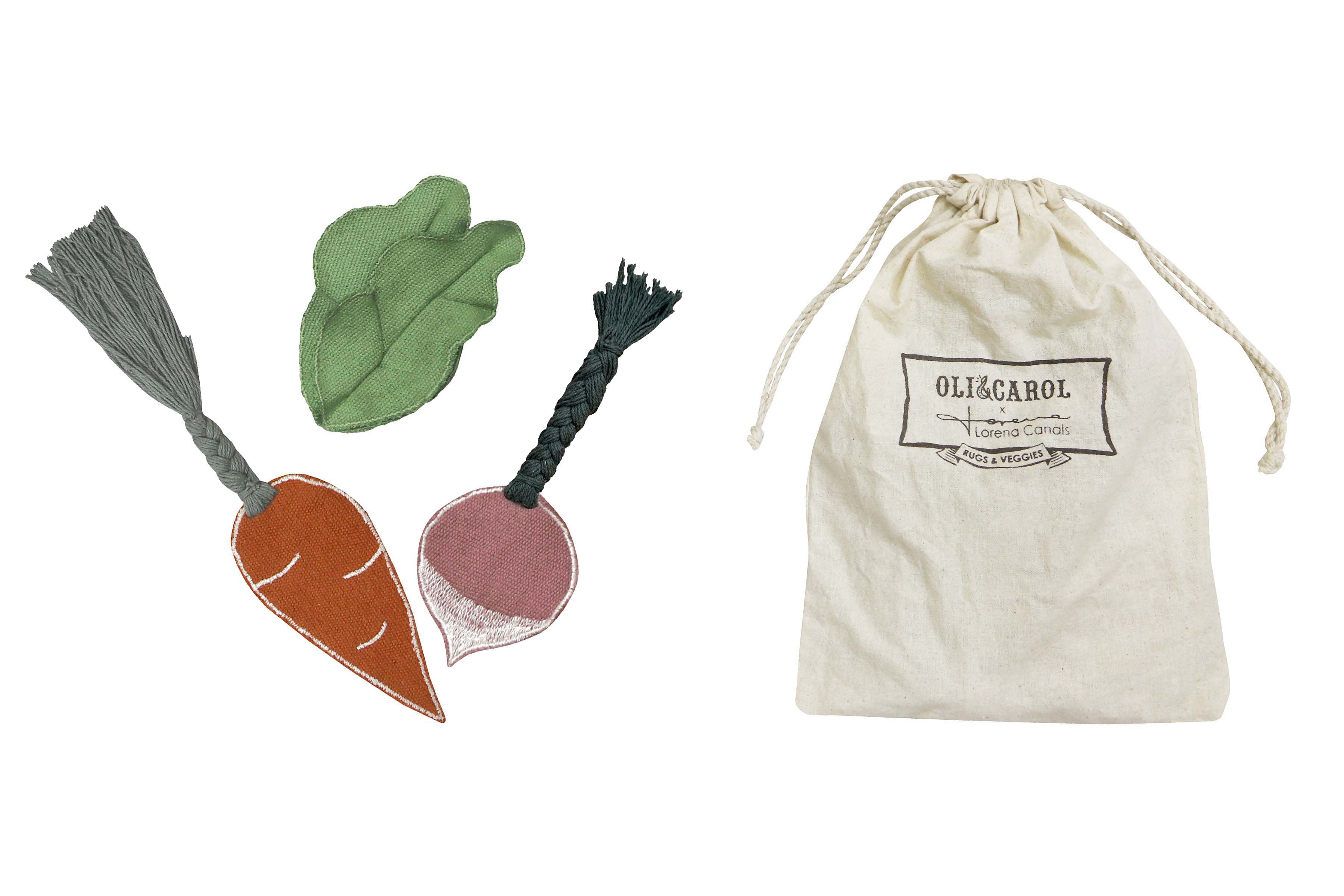 Green garden inspired rug with added vegetable toys
