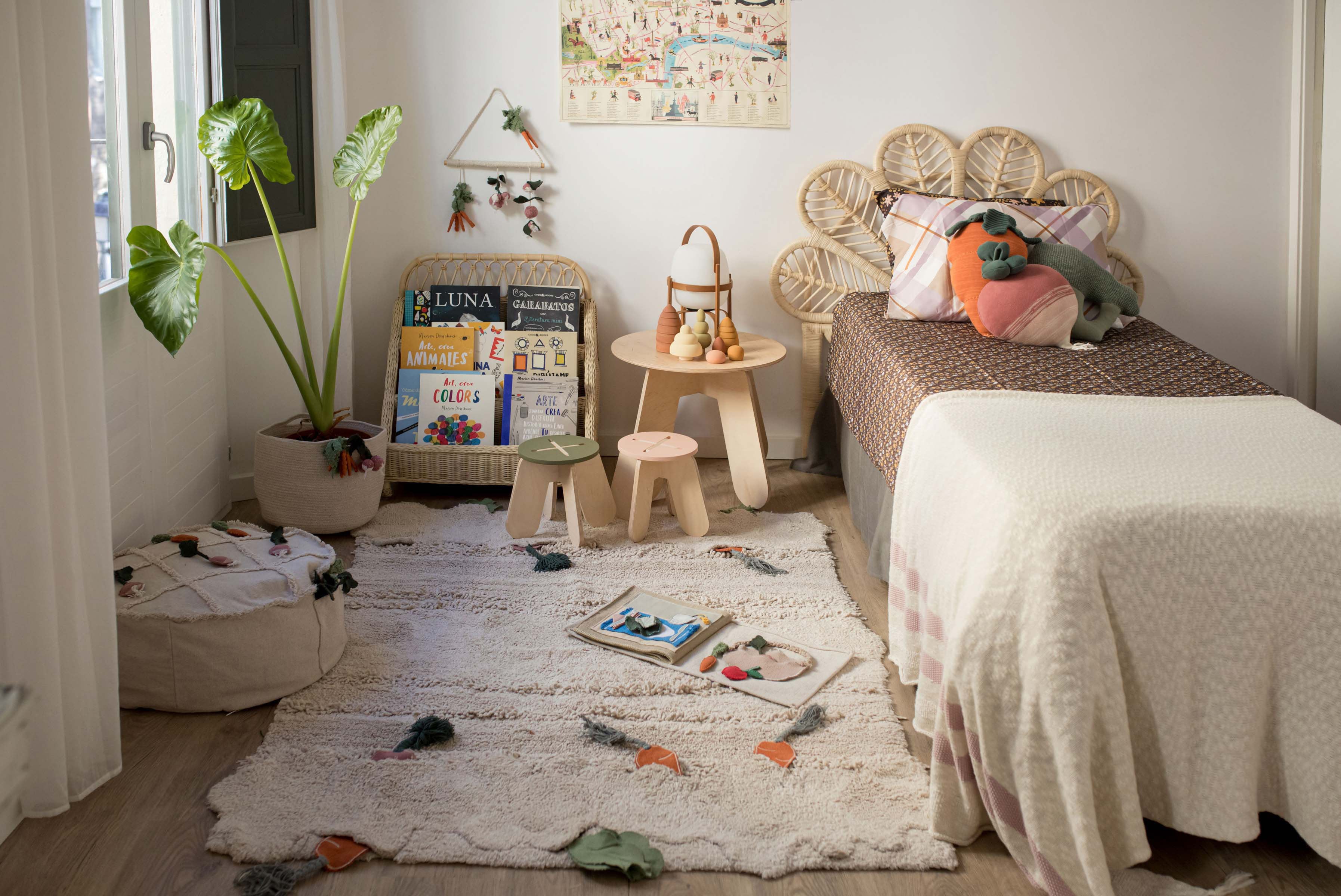 Green garden inspired rug with added vegetable toys
