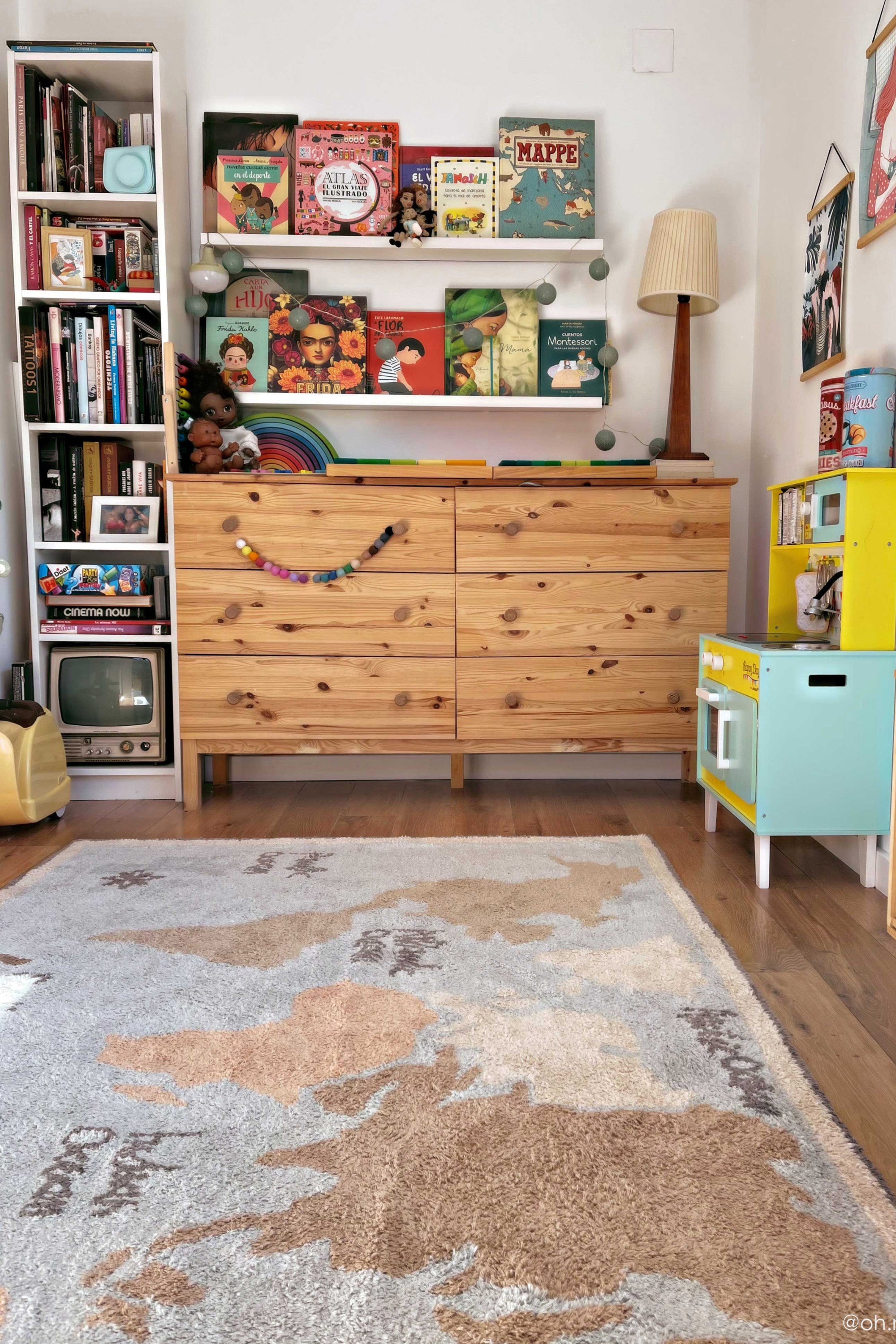 Blue children's rug with map of the world design