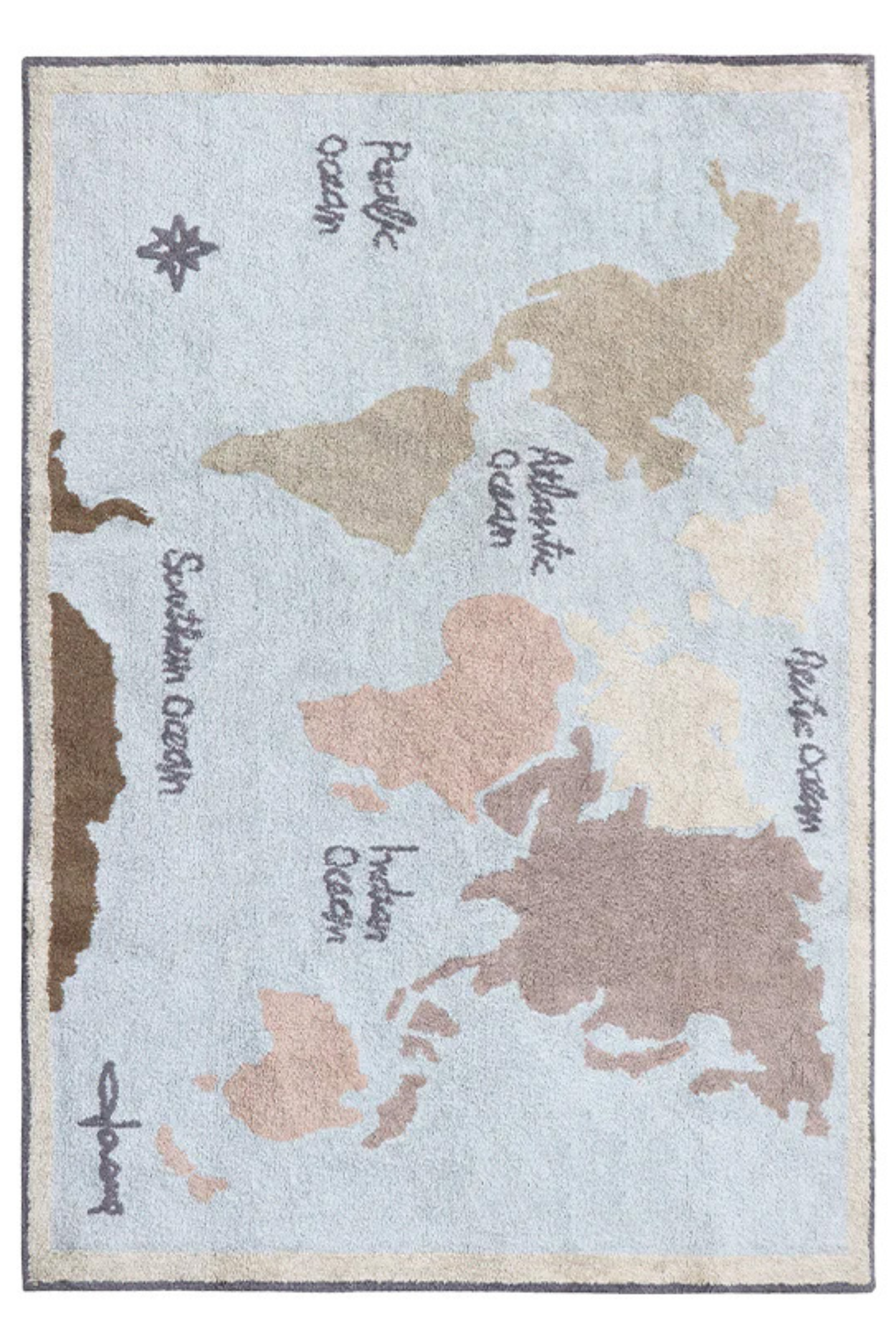 Blue children's rug with map of the world design