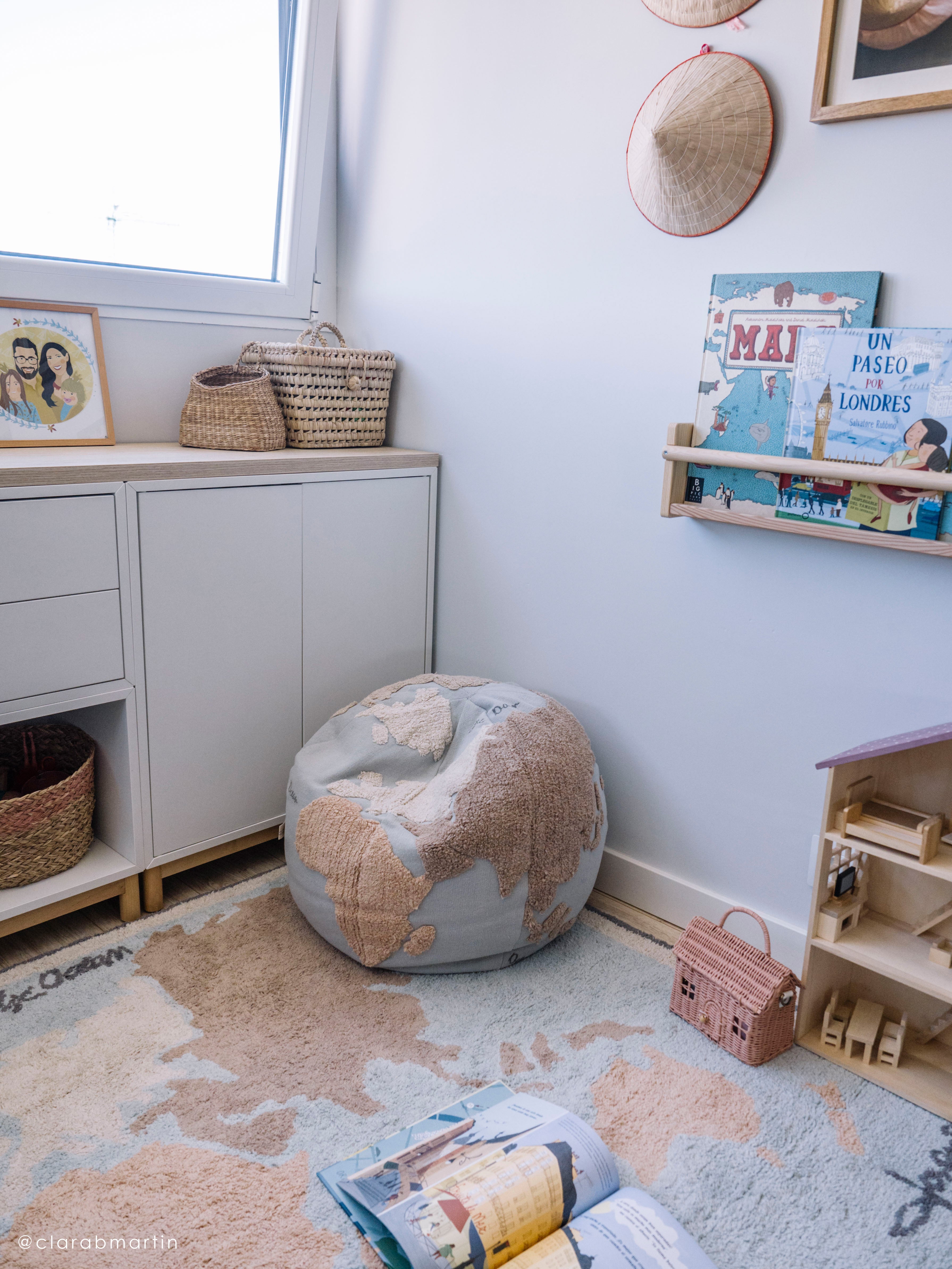 Blue children's rug with map of the world design