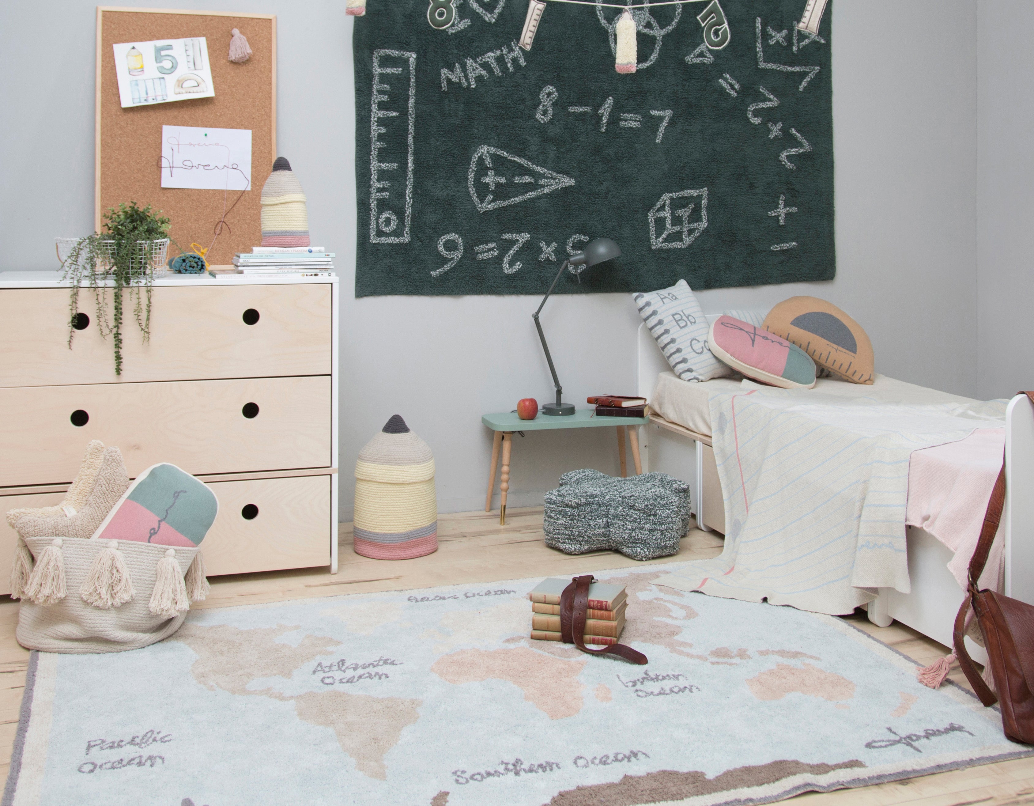 Blue children's rug with map of the world design