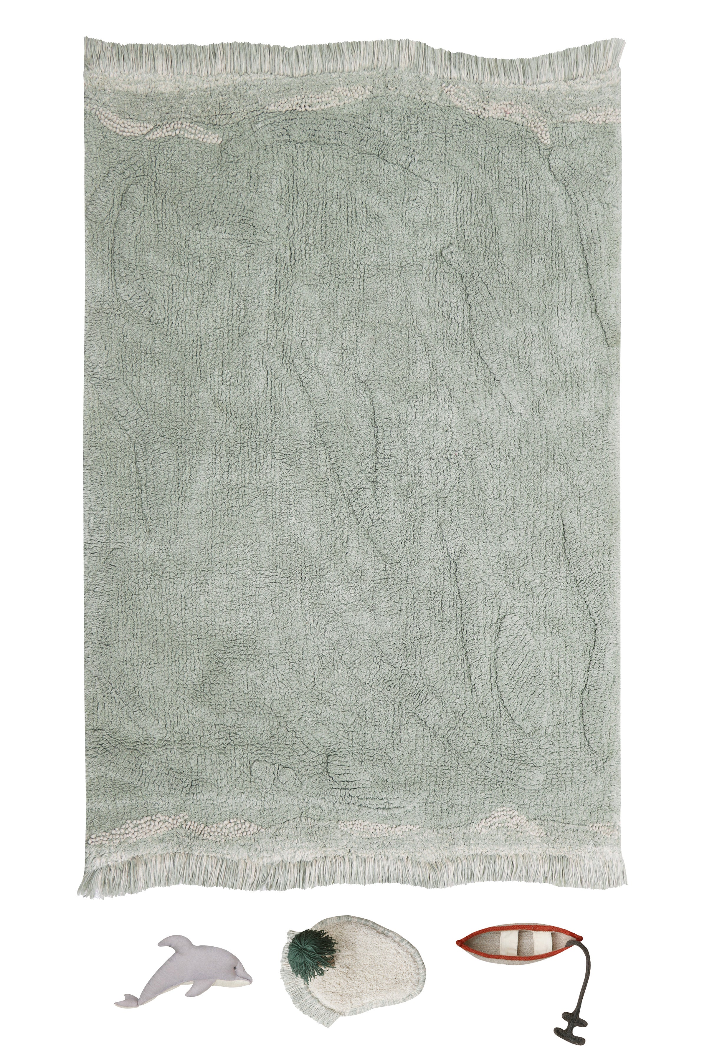 Green plain ocean waves inspired rug with added toys