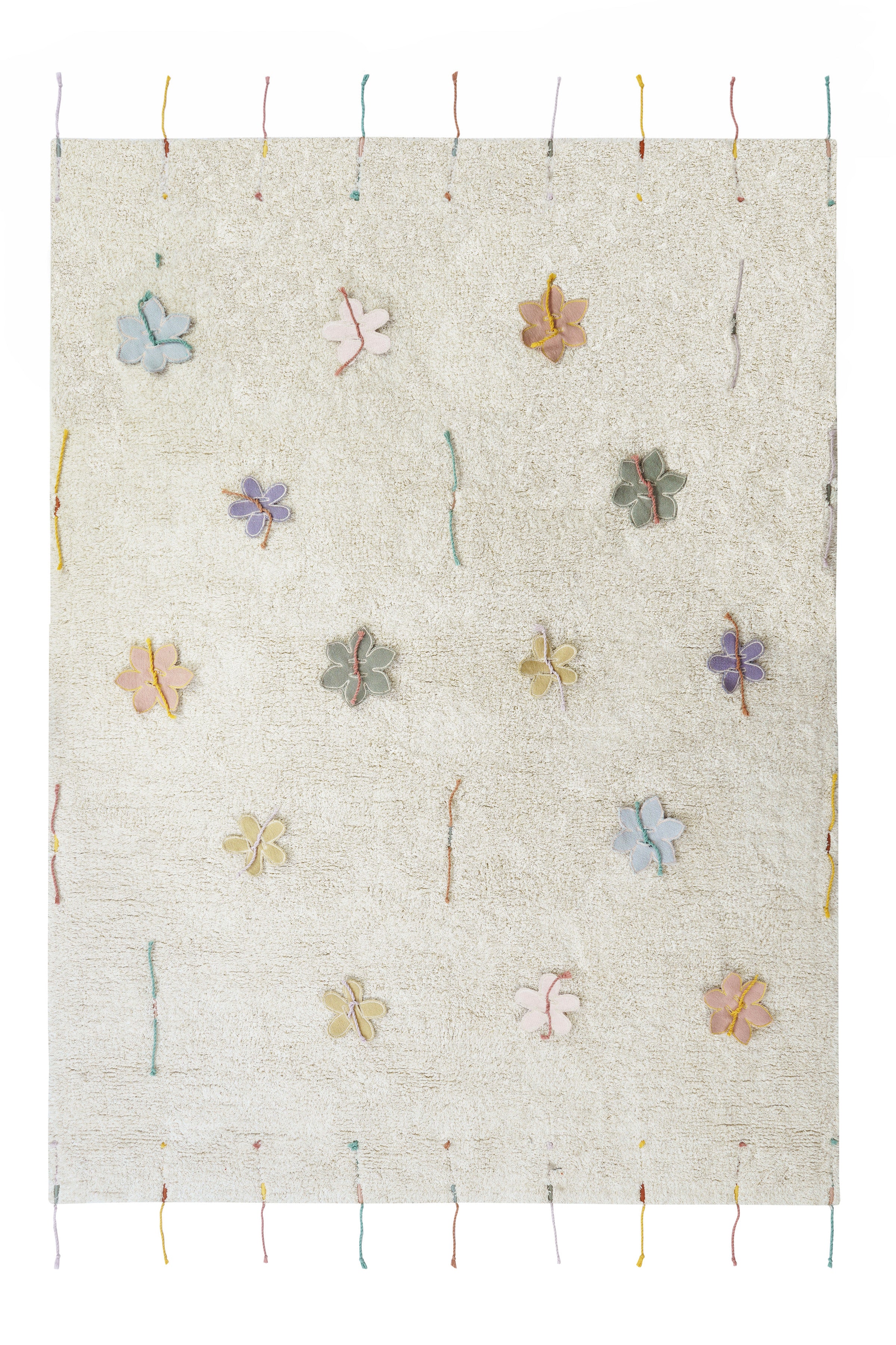 Plain cream rug with multicolour lined pattern and added wildflower toys