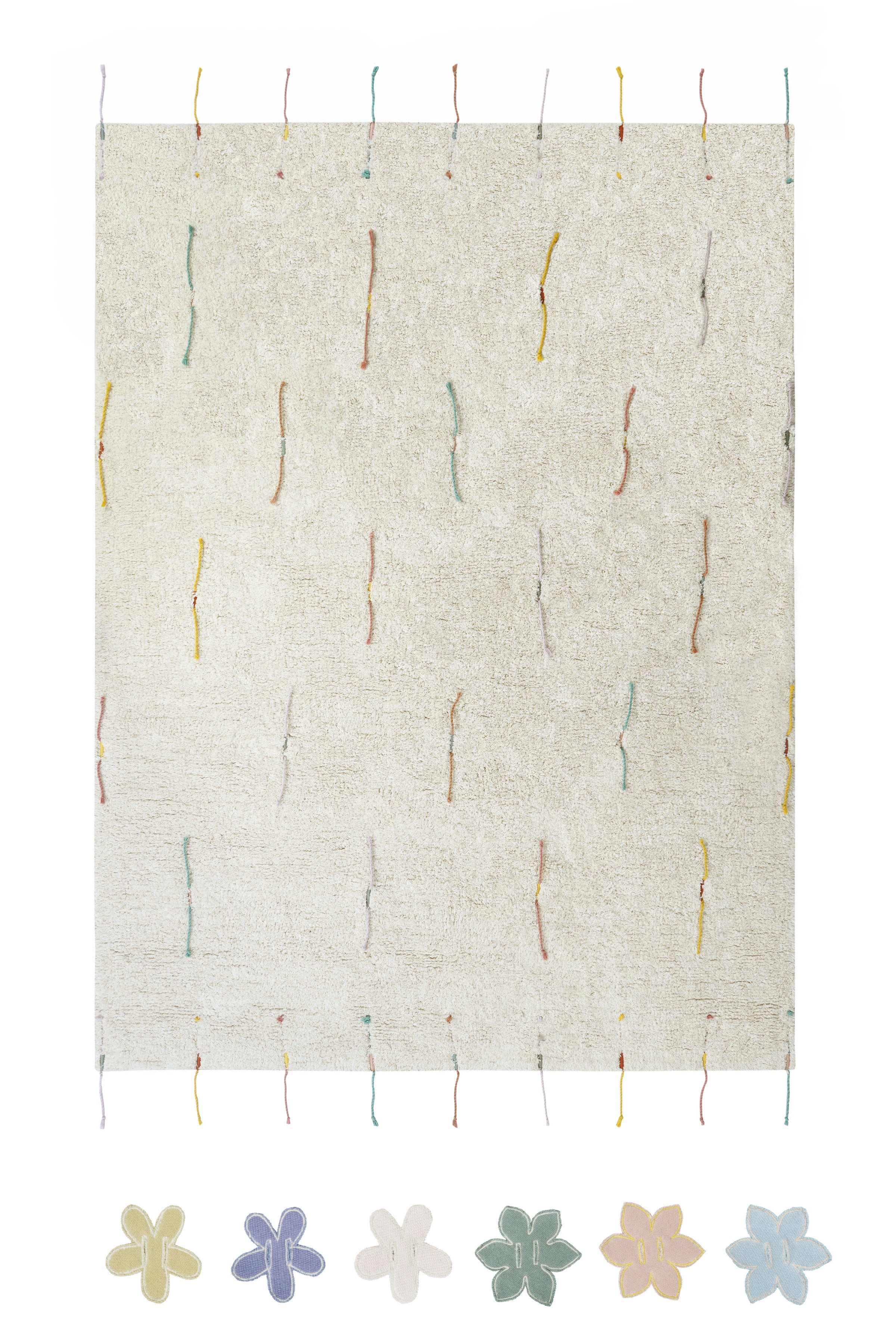 Plain cream rug with multicolour lined pattern and added wildflower toys