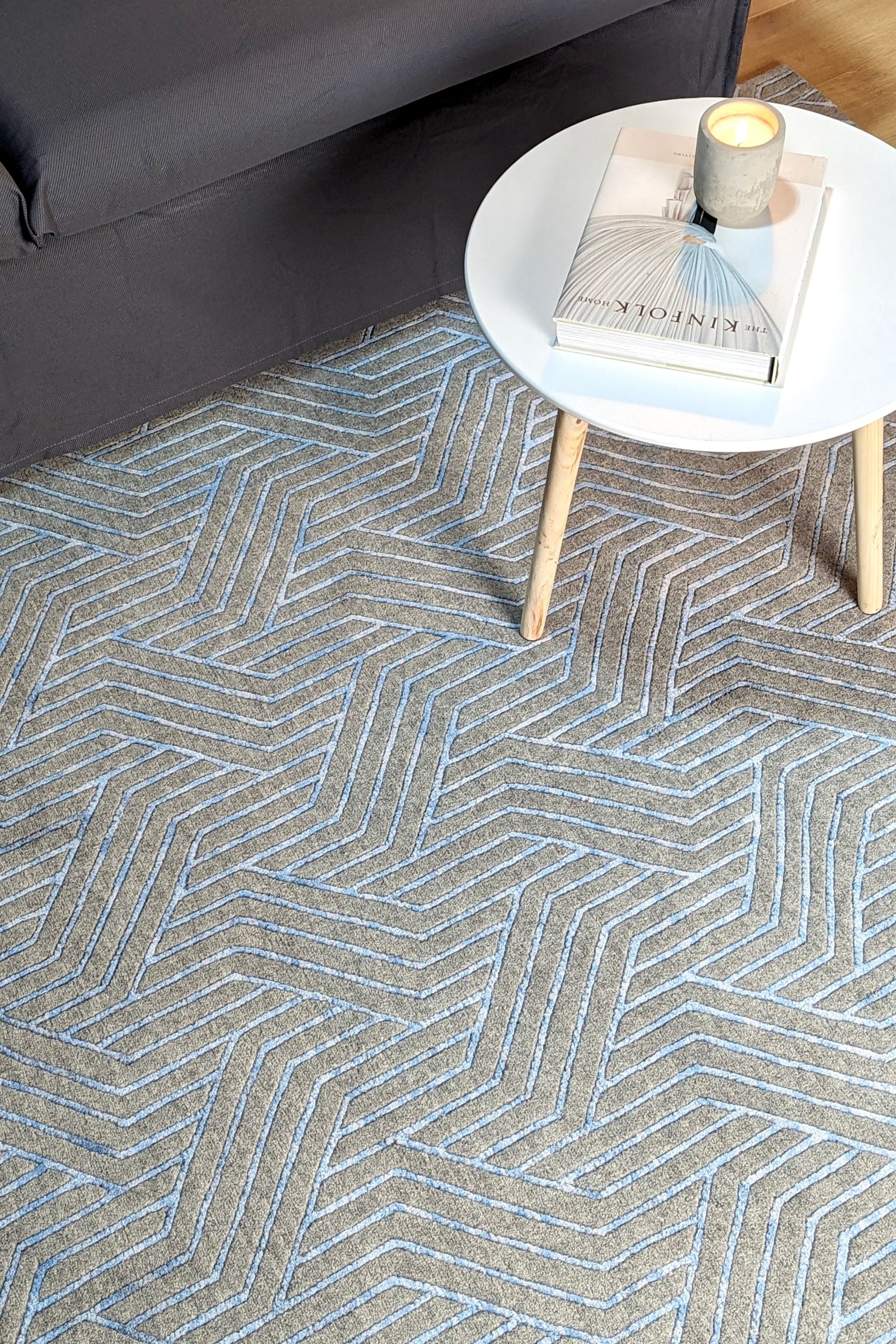 viscose and wool geometric rug in grey and blue