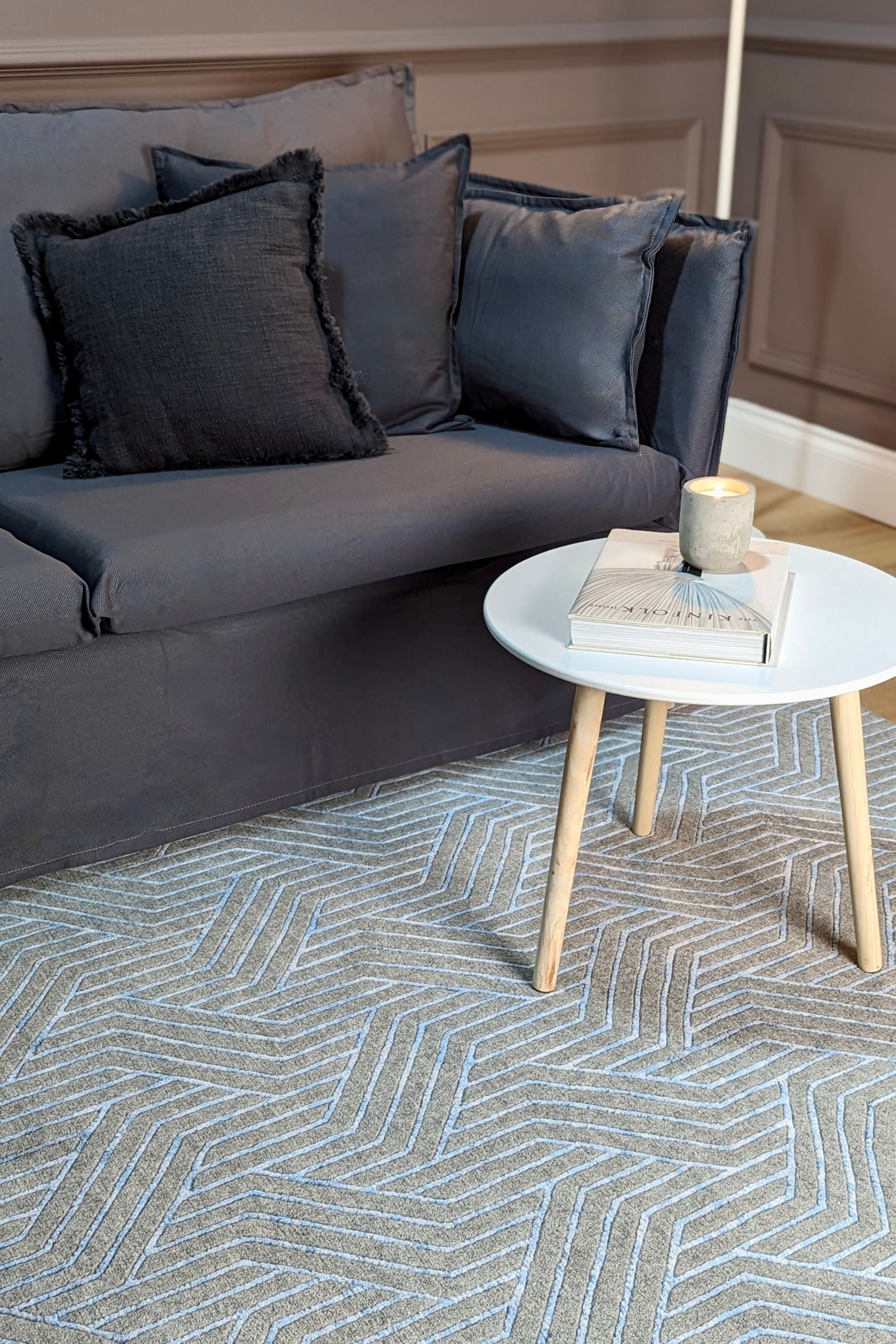 viscose and wool geometric rug in grey and blue