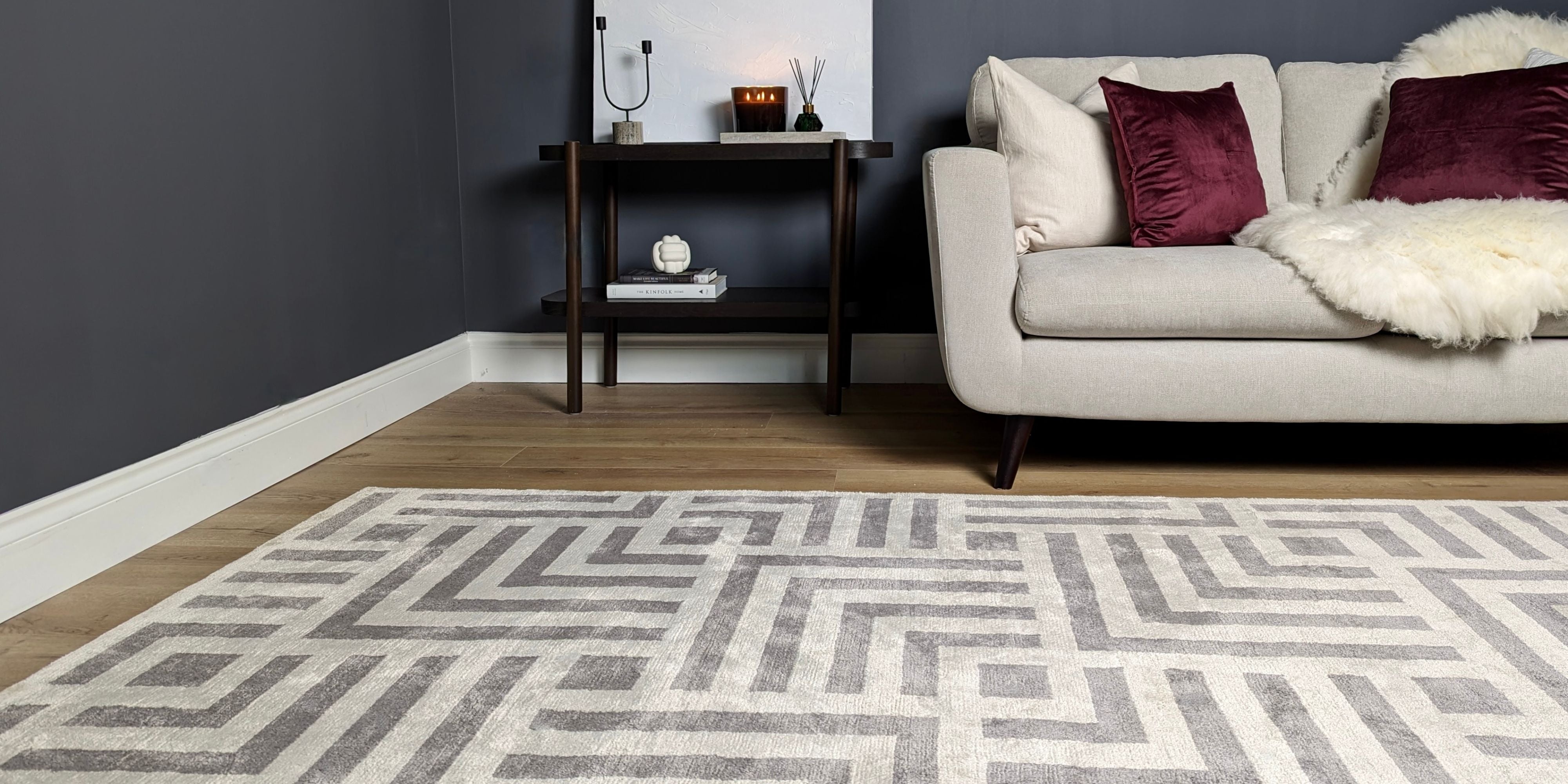 geometric area rug in grey and white
