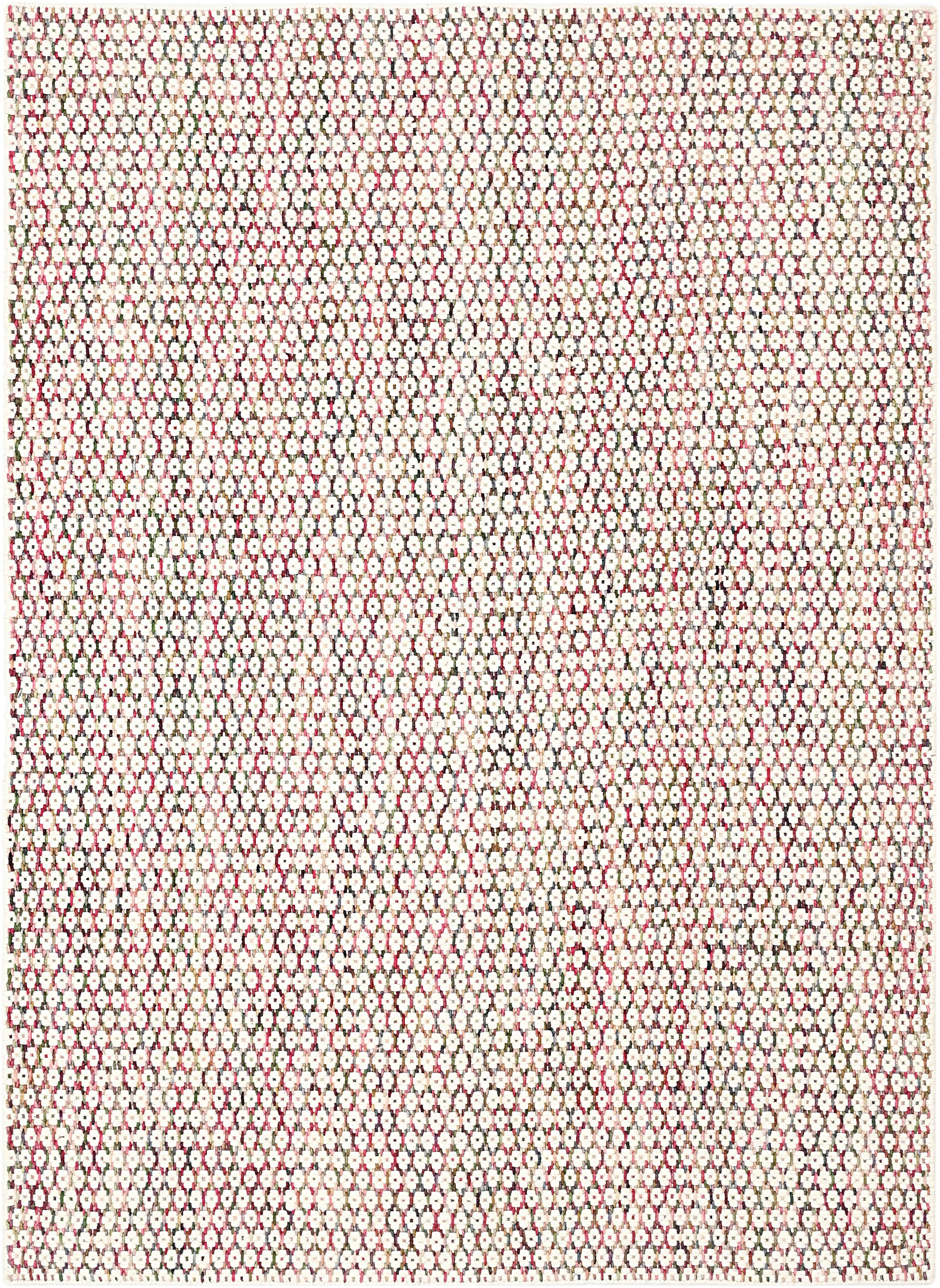 Textured wool rug with pink, blue and green yarns throughout