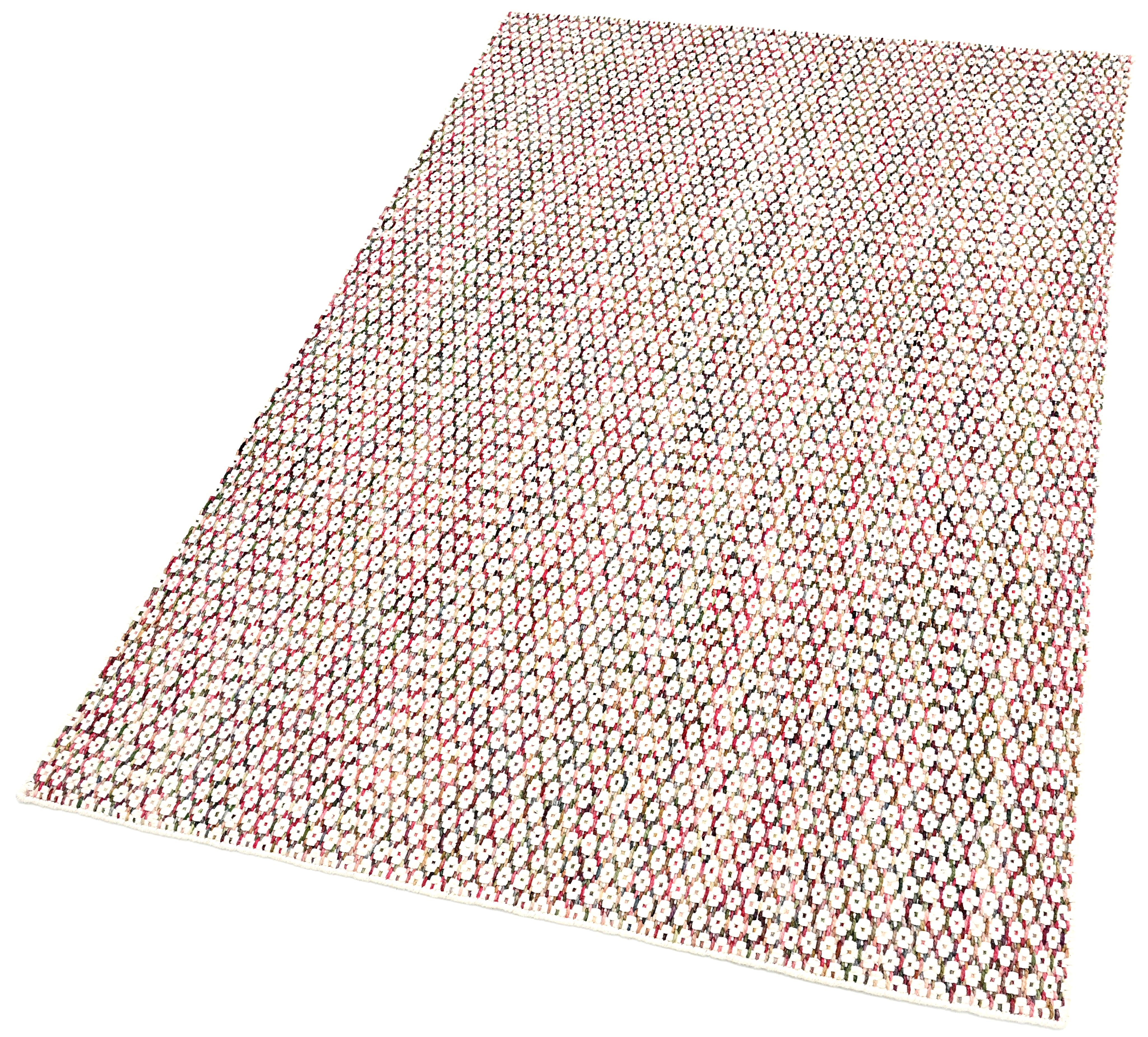 Textured wool rug with pink, blue and green yarns throughout
