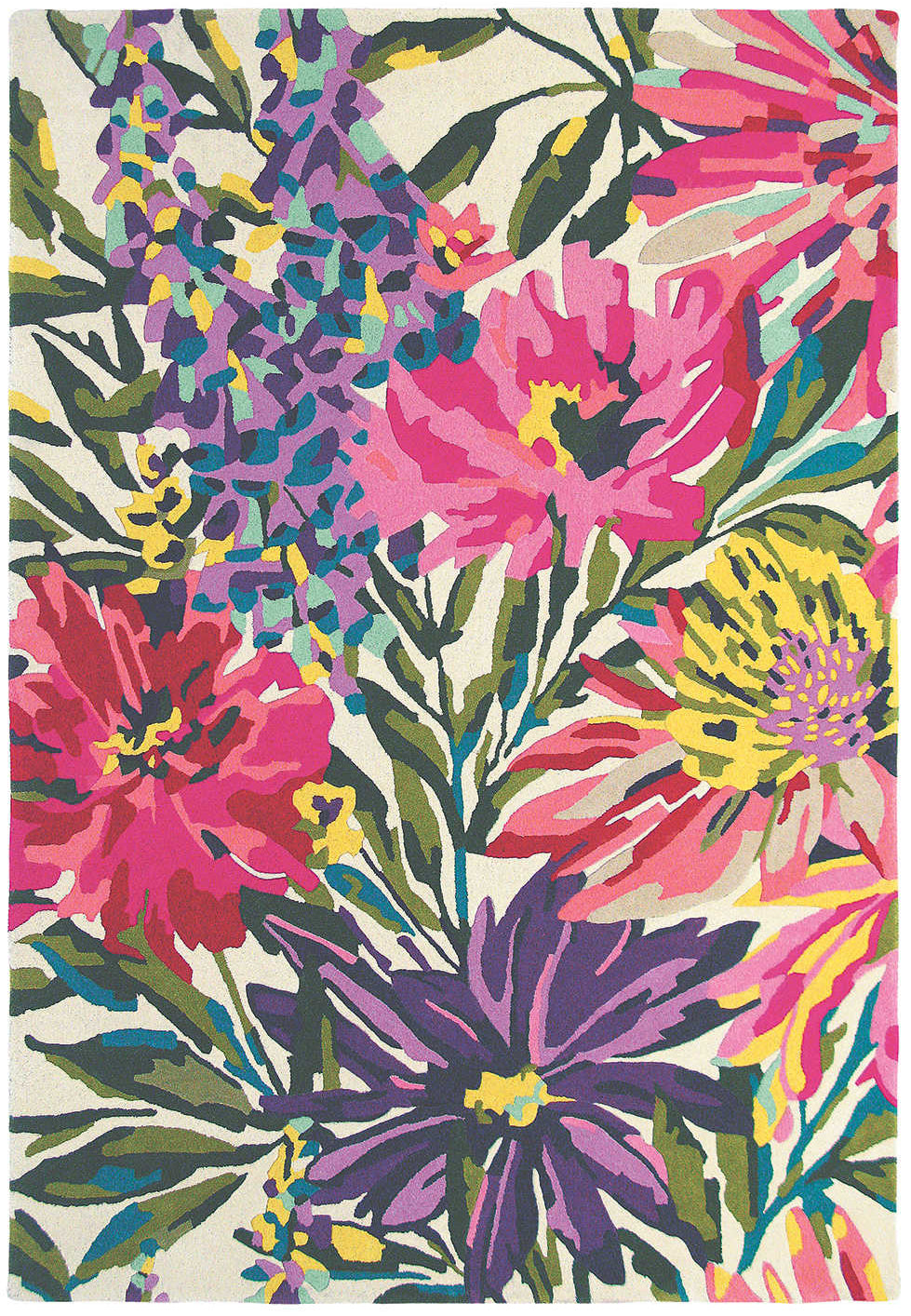 Rectangular white wool rug with pink, yellow, purple and green flowers and leaves