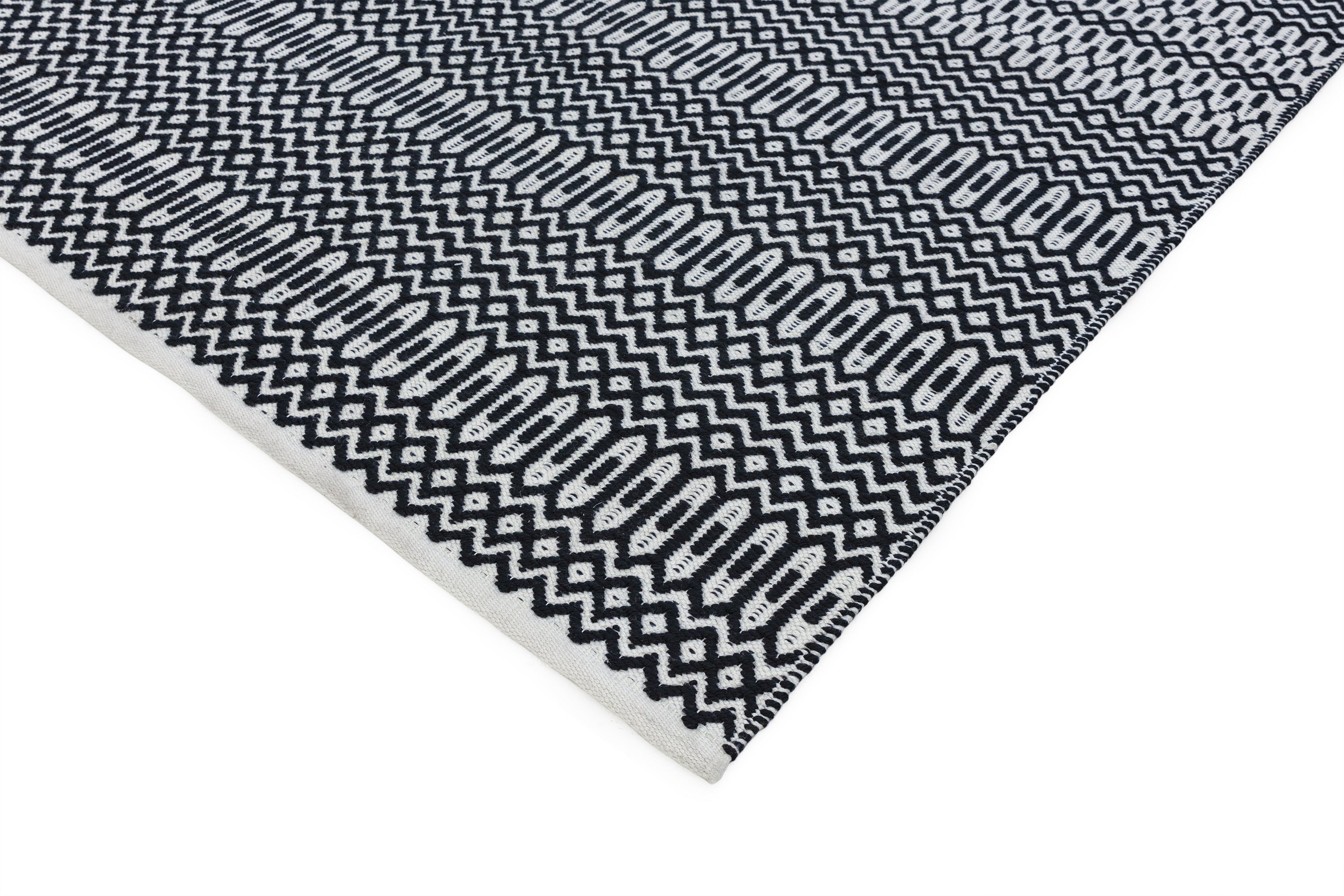 black indoor/outdoor runner with geometric design