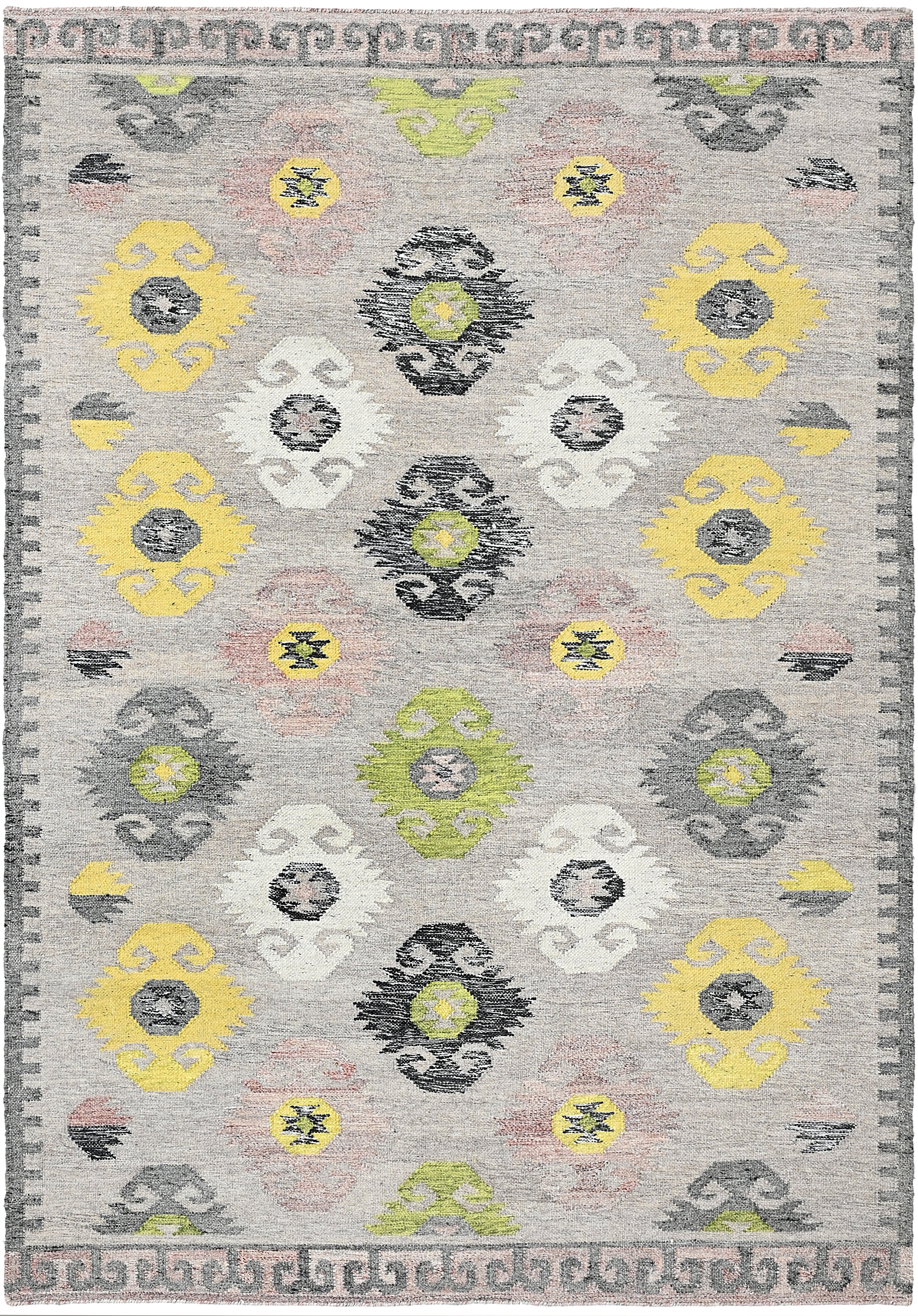 Flatweave rug with green, grey and pink Moroccan design