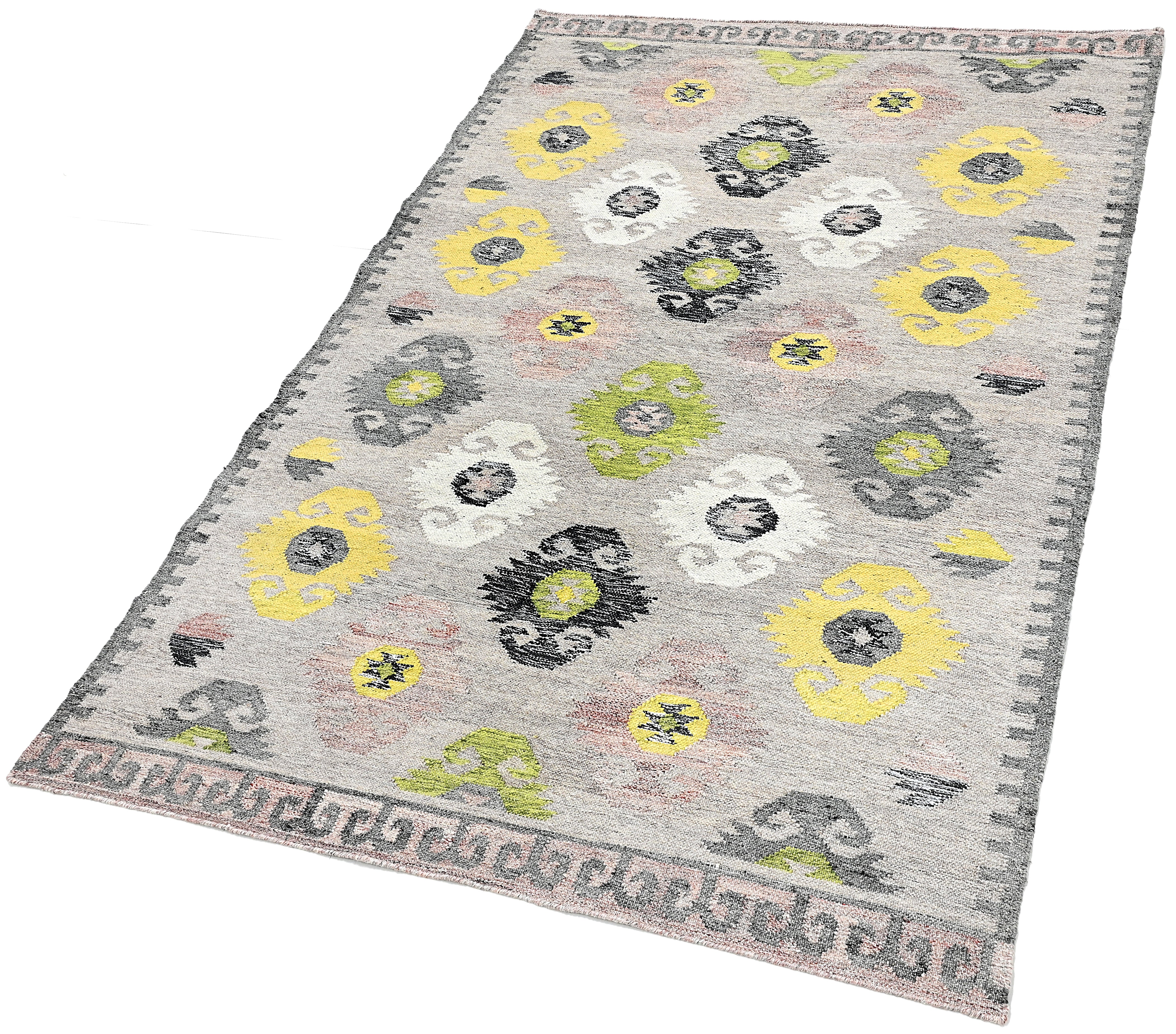 Flatweave rug with green, grey and pink Moroccan design