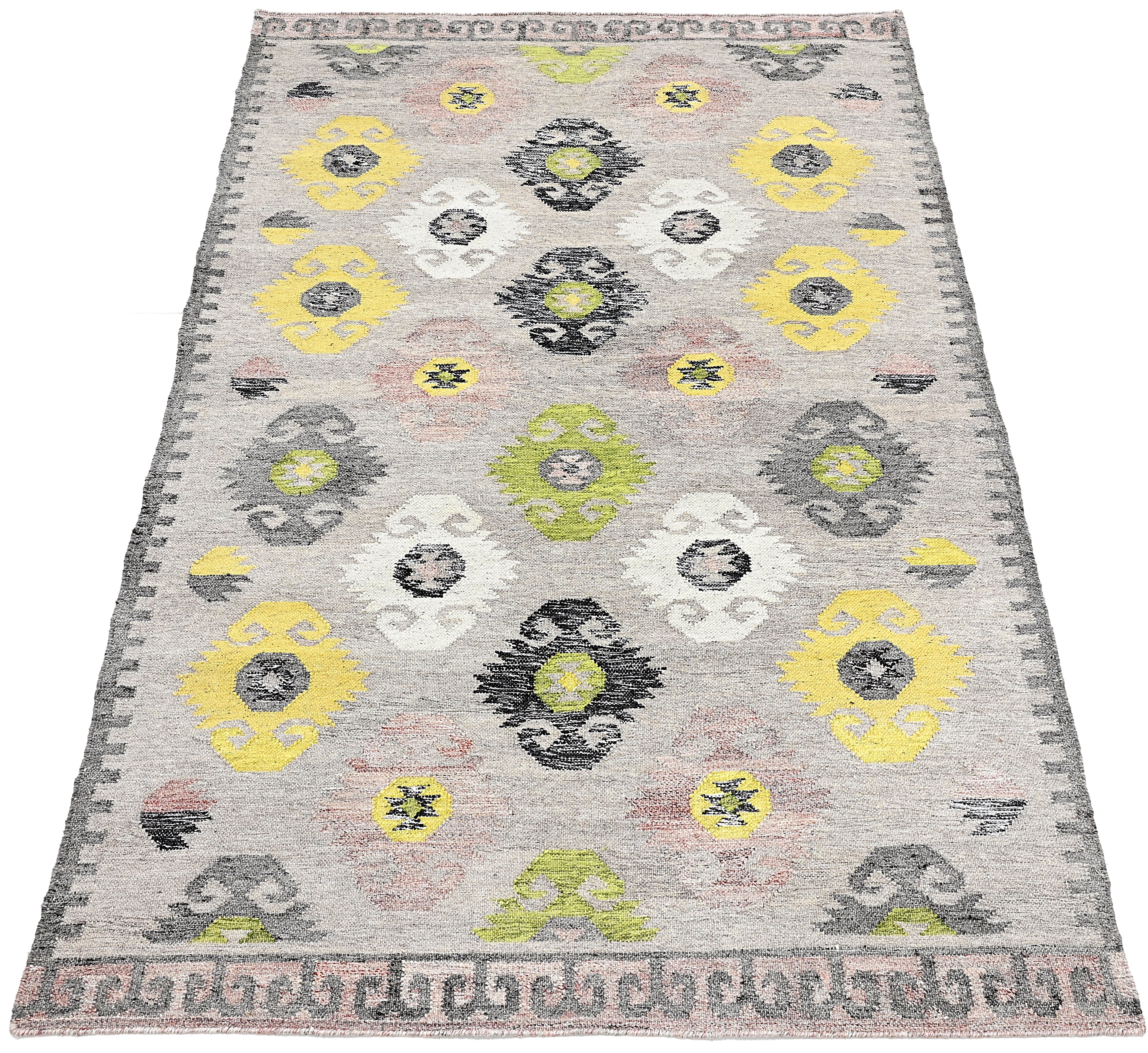 Flatweave rug with green, grey and pink Moroccan design