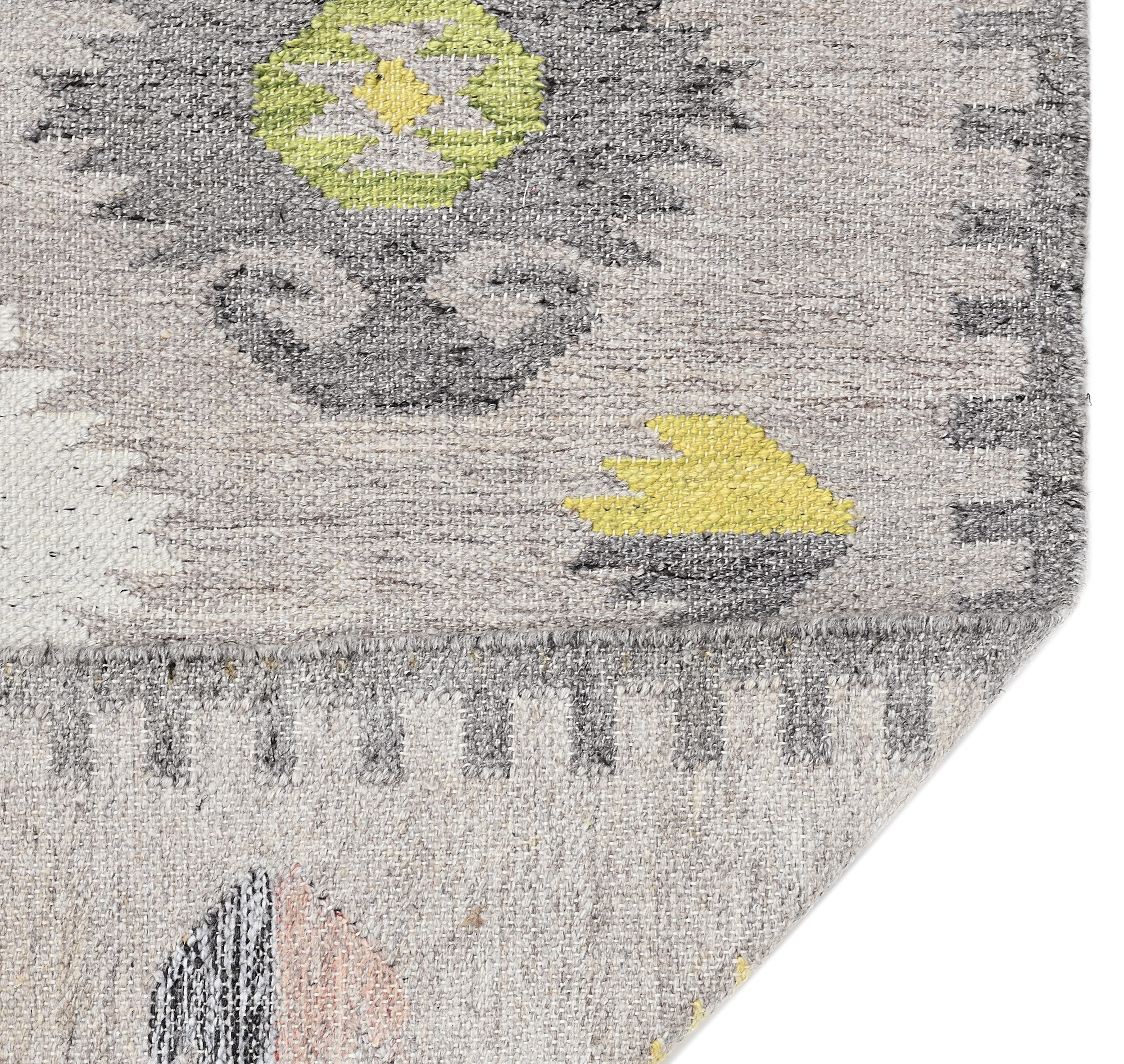 Flatweave rug with green, grey and pink Moroccan design