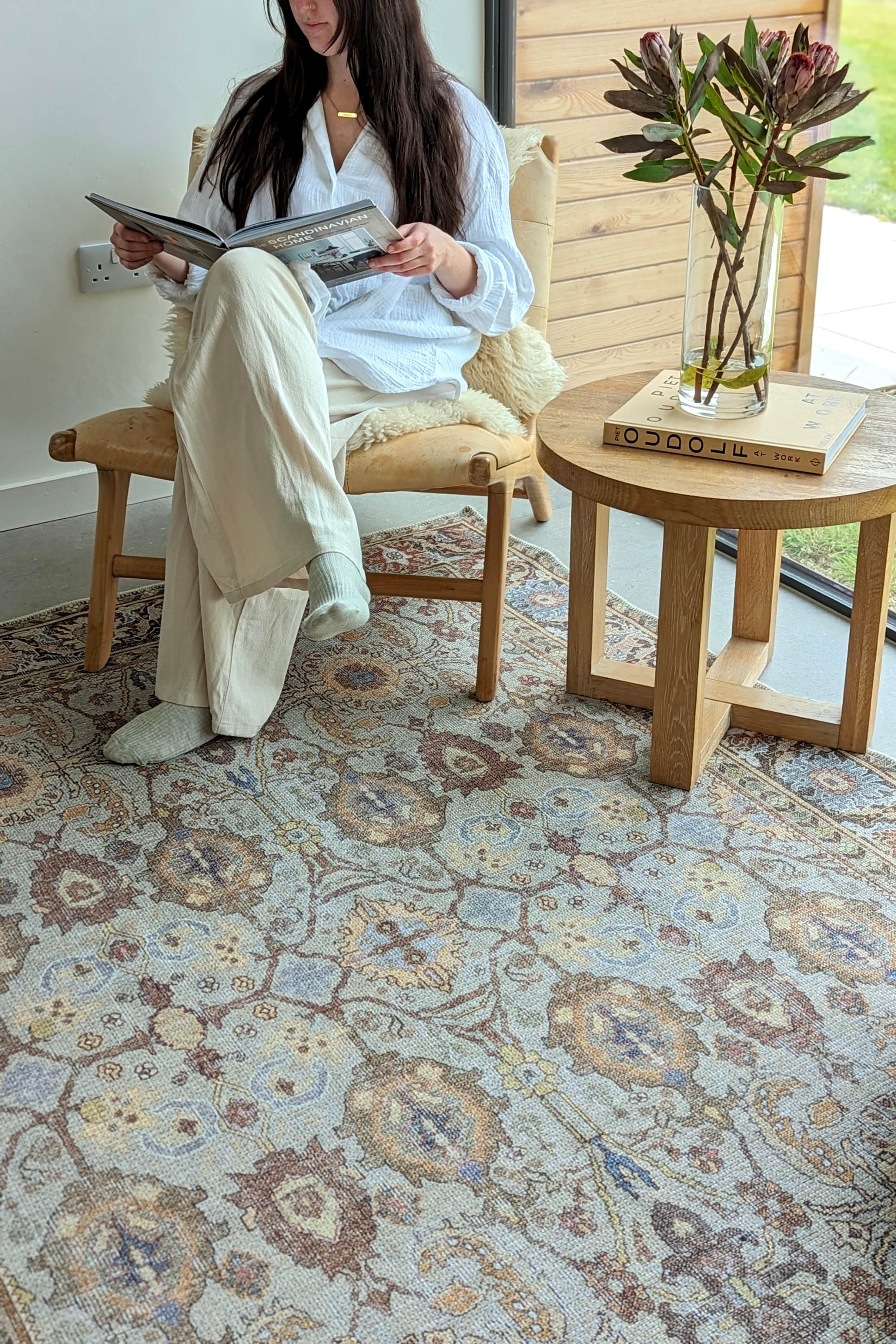 Vintage style Persian rug with bordered floral pattern